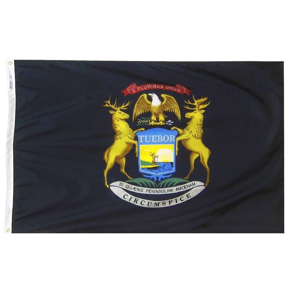 Michigan State Flag 4x6 ft. Nylon SolarGuard Nyl-Glo 100% Made in USA to Official State Design Specifications.
