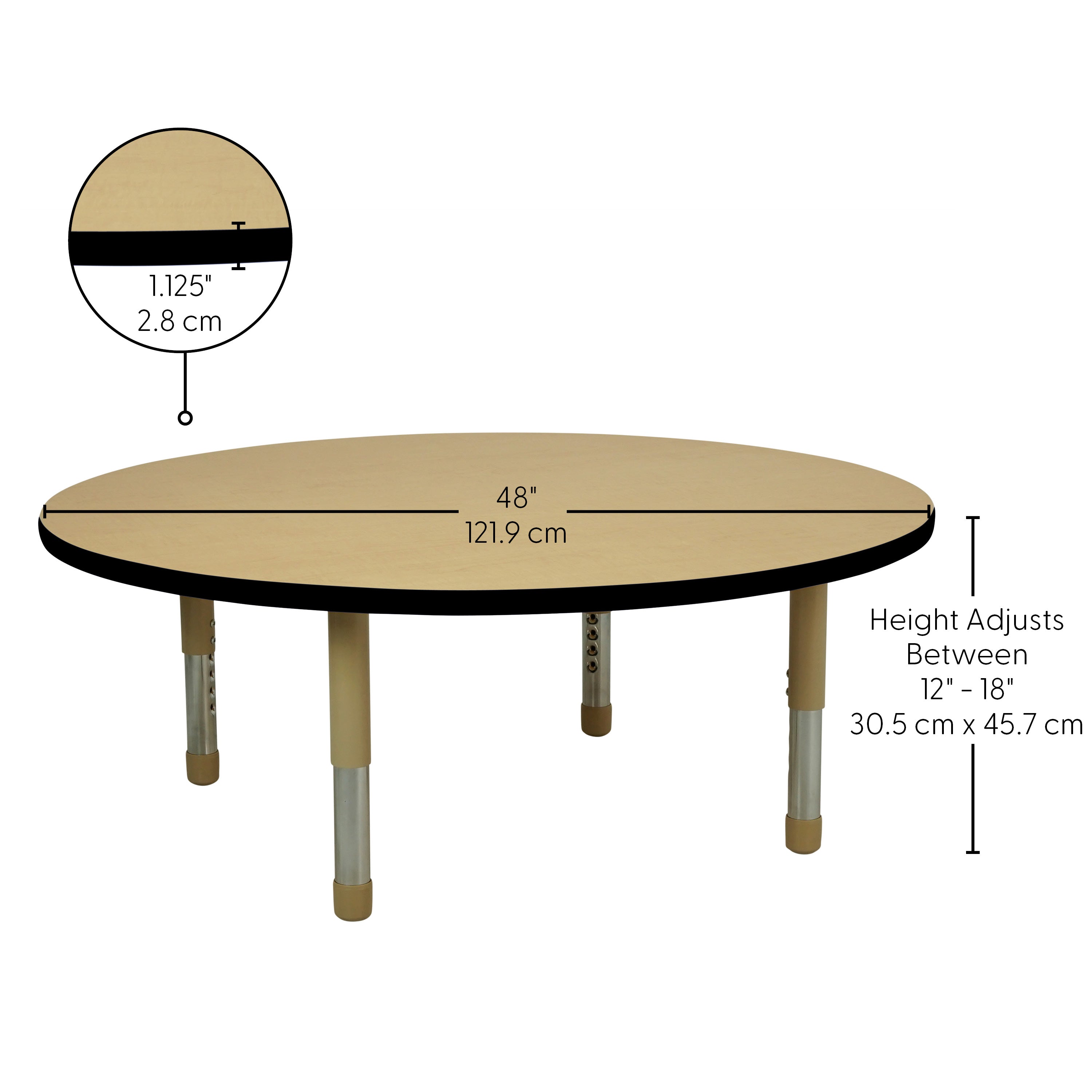 48" Round T-Molding Activity Table with Adjustable Tiny Tot Legs - Maple/Black/Sand
