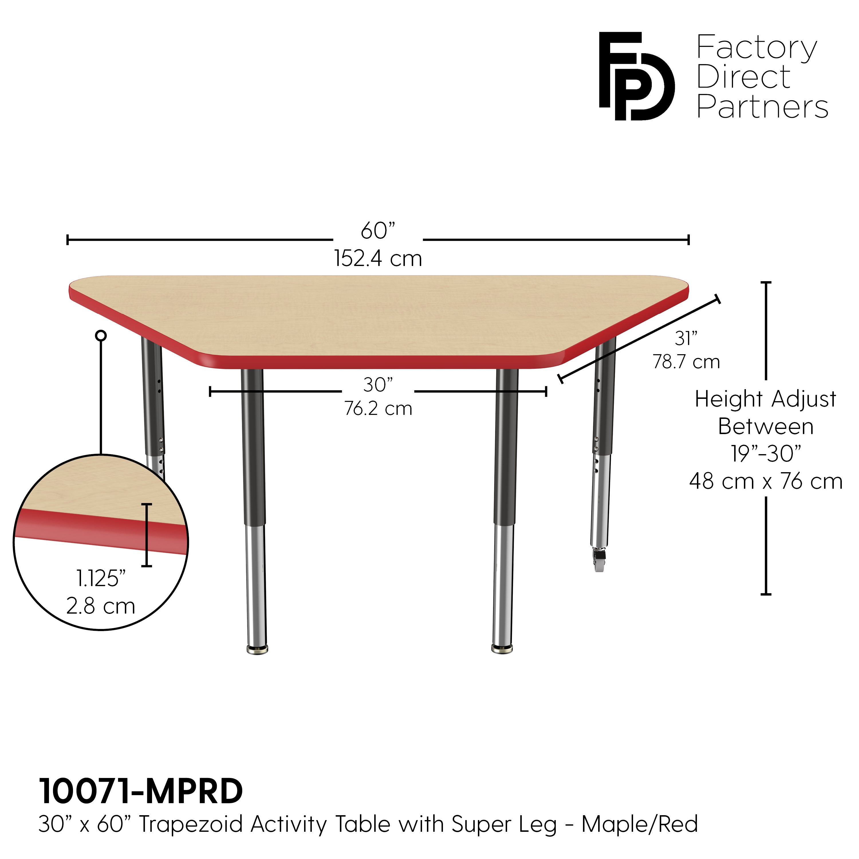 30" x 60" Trapezoid T-Molding Activity Table with Adjustable Super Legs - Maple/Red/Black