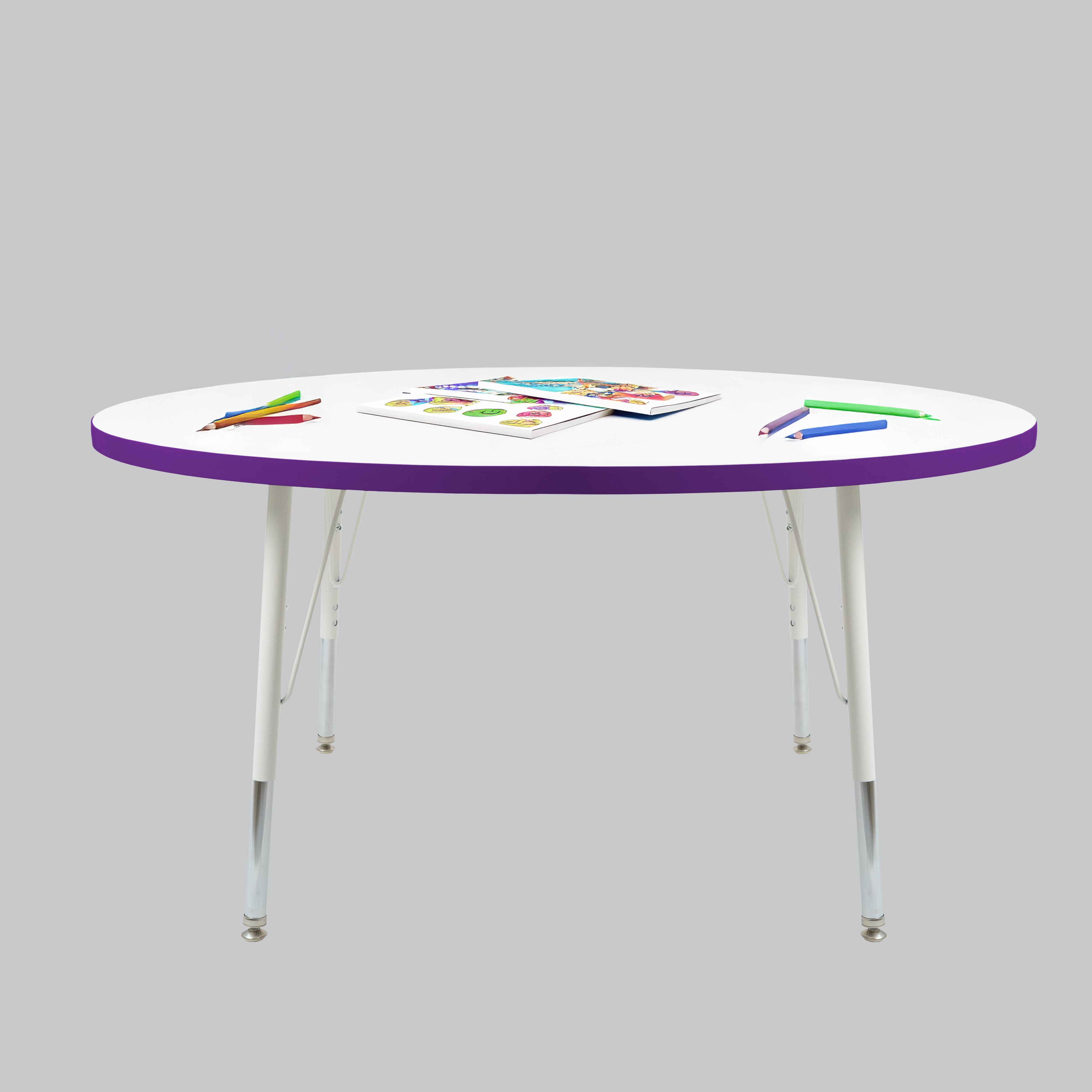 48" Round Thermofused Activity Table with Adjustable Standard Swivel Glide Legs - White/Eggplant/White