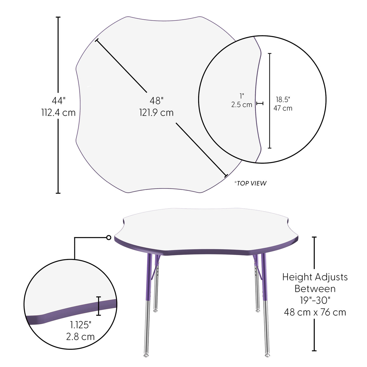 48" x 48" Clover Dry-Erase Activity Table with Adjustable Standard Swivel Glide Legs - Whiteboard/Eggplant/Purple