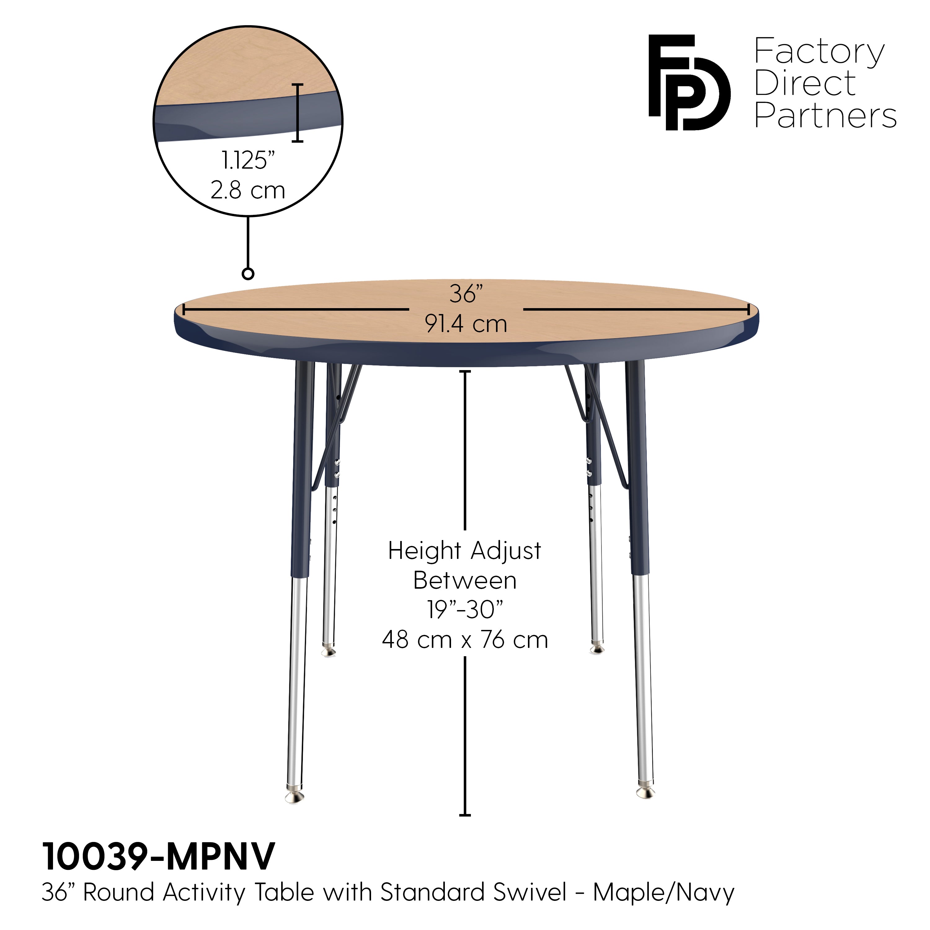 36" Round T-Molding Activity Table with Adjustable Standard Swivel Glide Legs - Maple/Navy