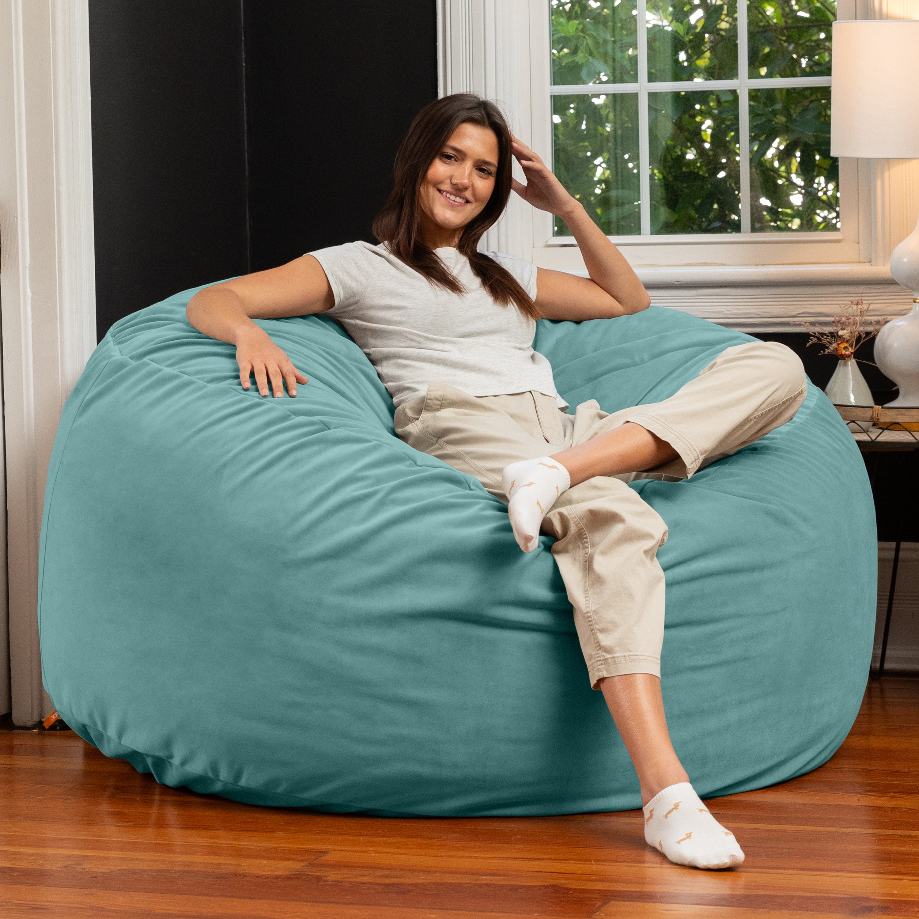 Jaxx 5 Foot Saxx - Large Round Bean Bag Chair for Adults - Lush Velvet Turquoise
