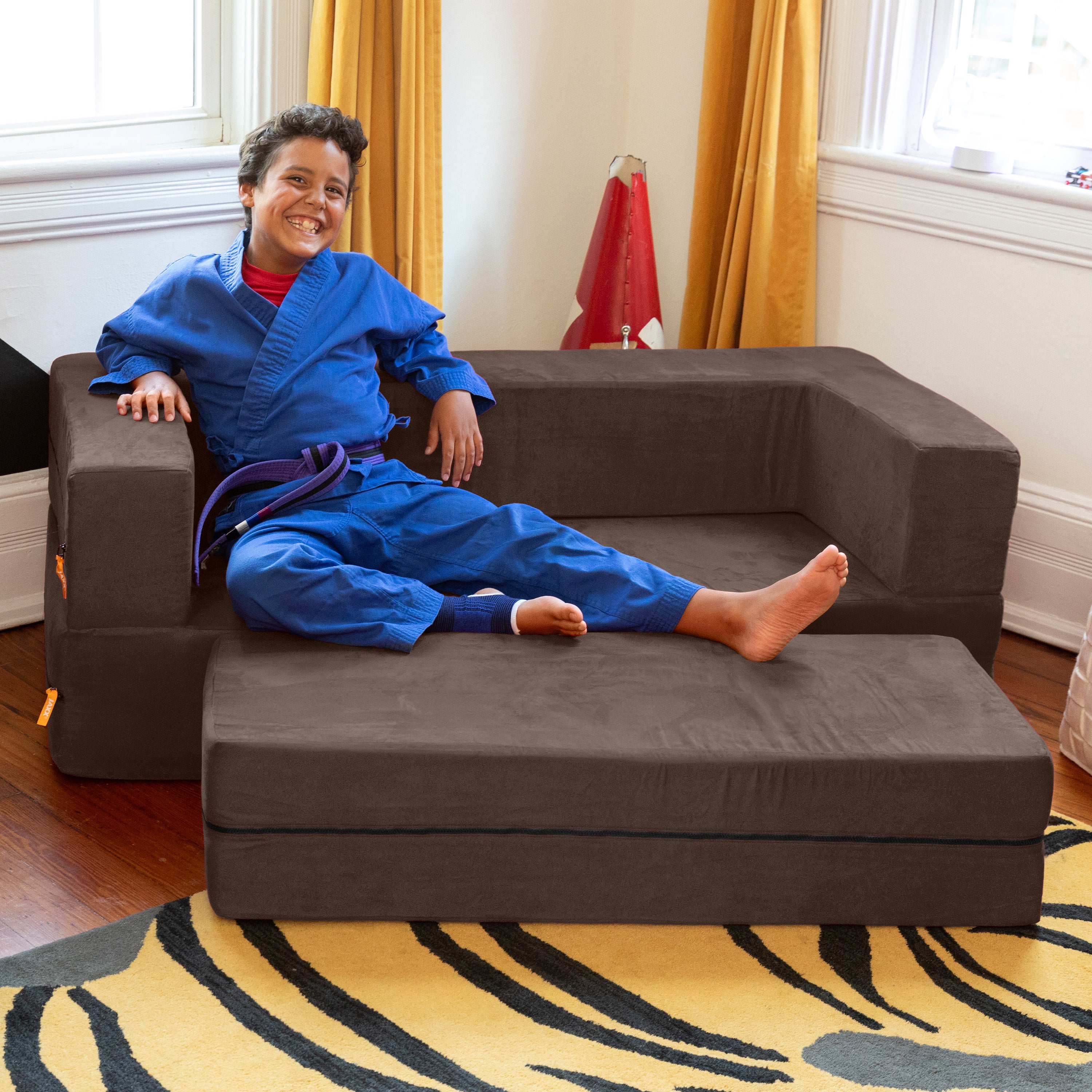 Jaxx Zipline Kids Sofa & Large Ottoman, 3 in 1 Fold Out Sofa, Big Kids Edition, Chocolate