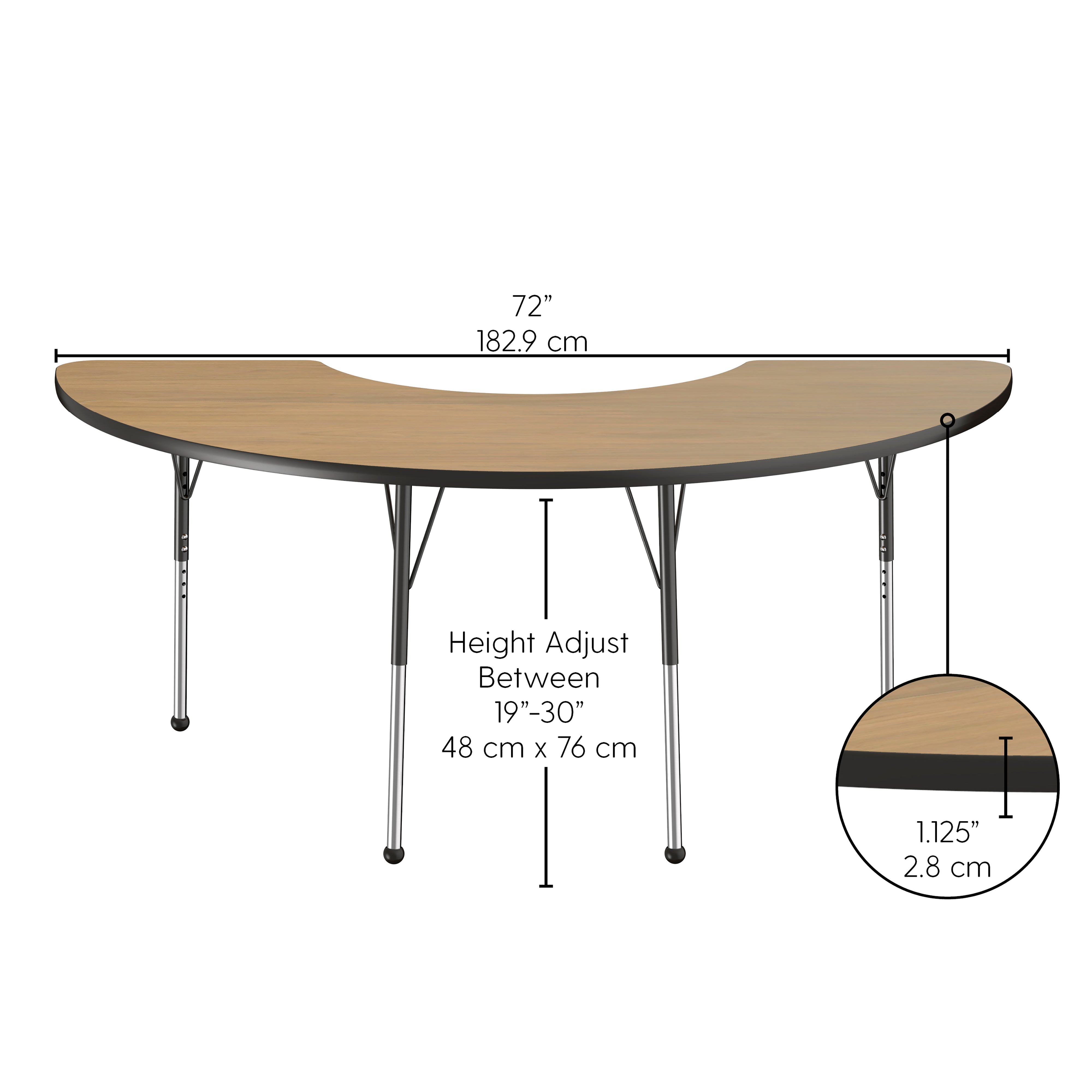 36" x 72" Half Moon T-Molding Activity Table with Adjustable Standard Ball Glide Legs - Pasadena Oak/Black