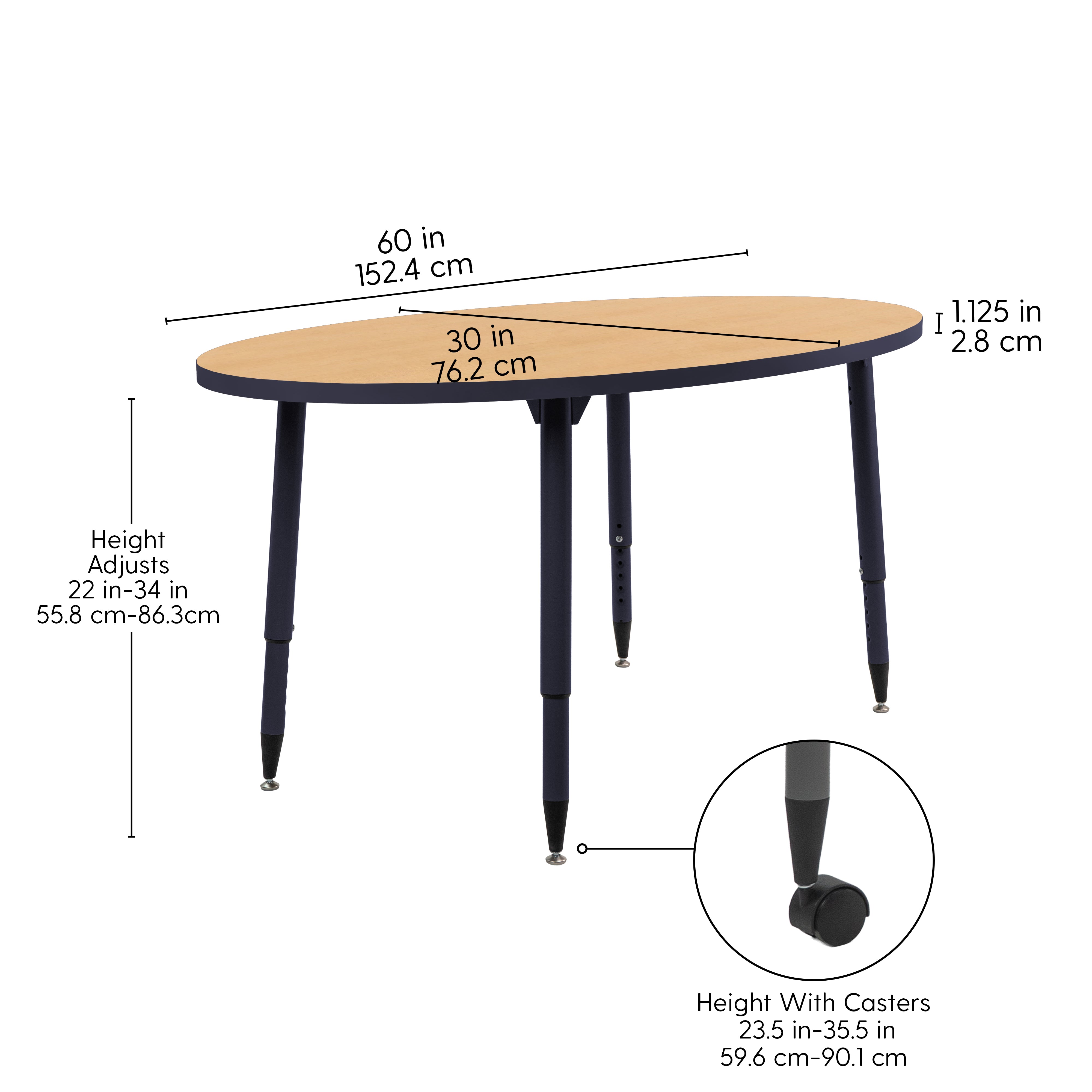 Adapte 30" x 60" Oval Thermofused Activity Table with Adjustable Tapered Legs - Maple/Navy