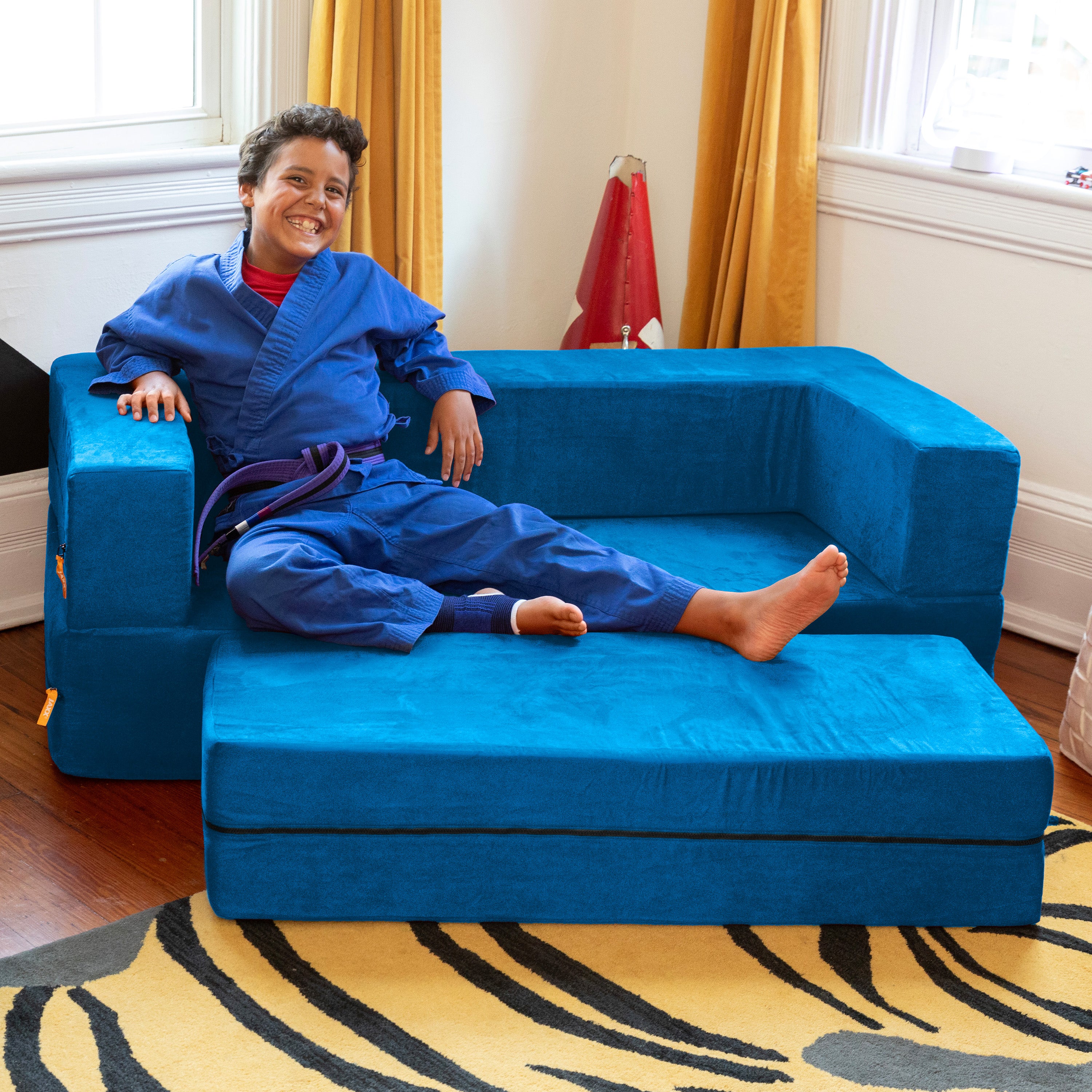 Jaxx Zipline Kids Sofa & Large Ottoman, 3 in 1 Fold Out Sofa, Big Kids Edition, Blueberry