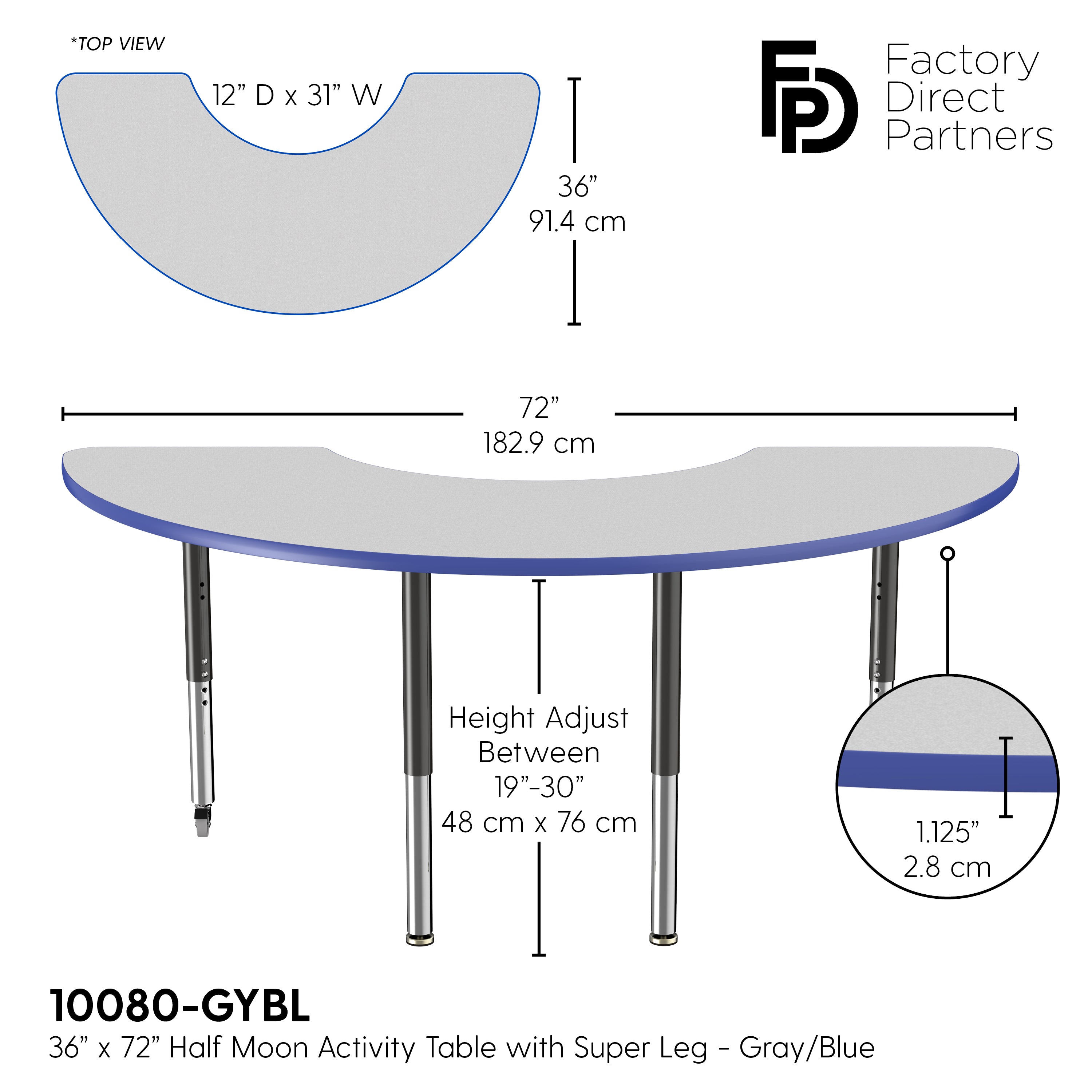 36" x 72" Half Moon T-Molding Activity Table with Adjustable Super Legs - Gray/Blue/Black