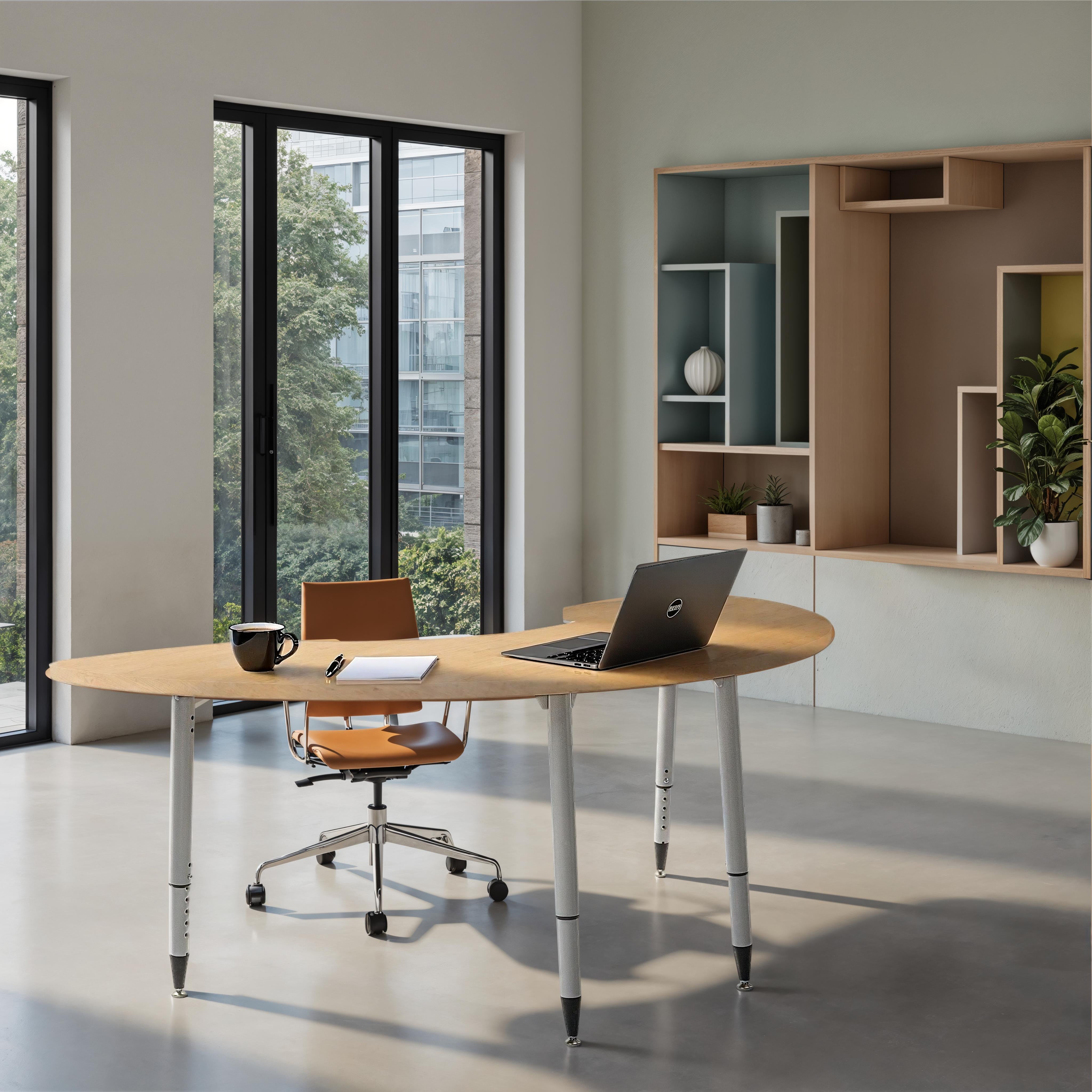 Adapte 36" x 72" Half Moon Woodgrain Activity Table with Adjustable Tapered Legs - Maple Grain/Silver