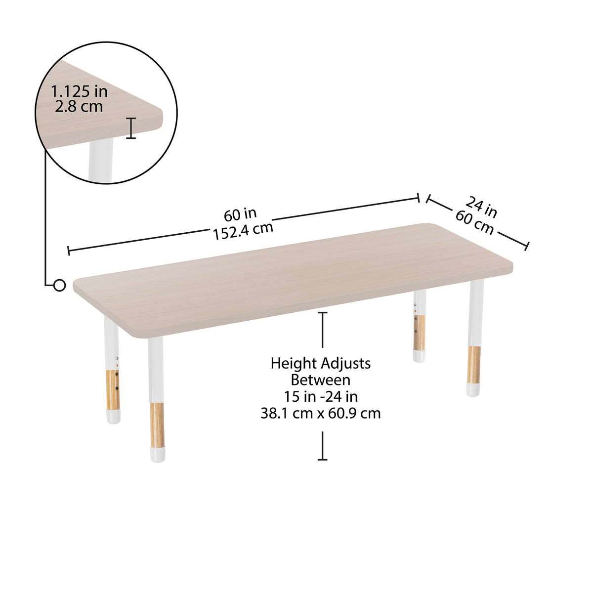24" x 60" Rectangle Thermofused Activity Table with Adjustable Chunky Wood Legs - Asian Sand/White/Natural