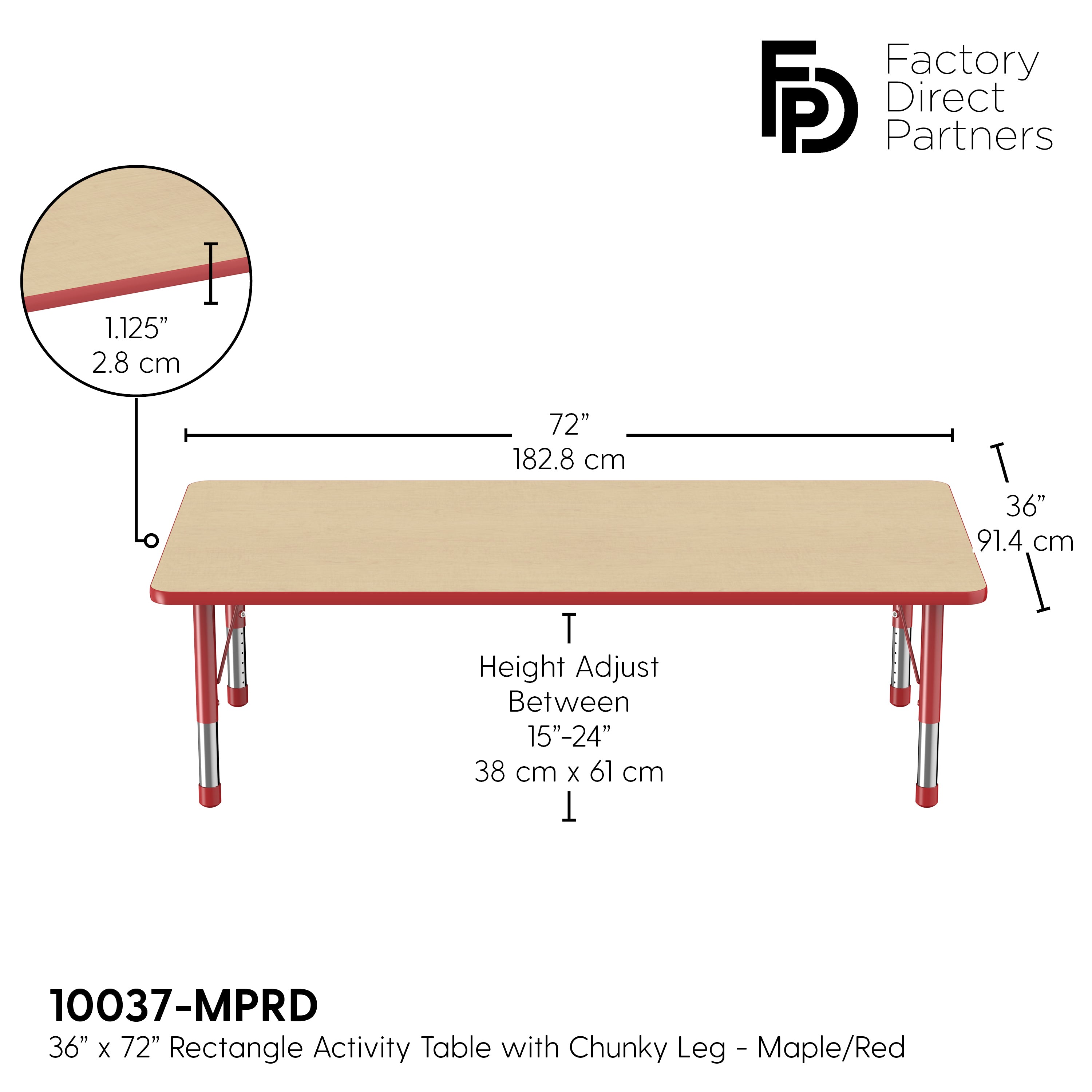 36" x 72" Rectangle T-Molding Activity Table with Adjustable Chunky Legs - Maple/Red