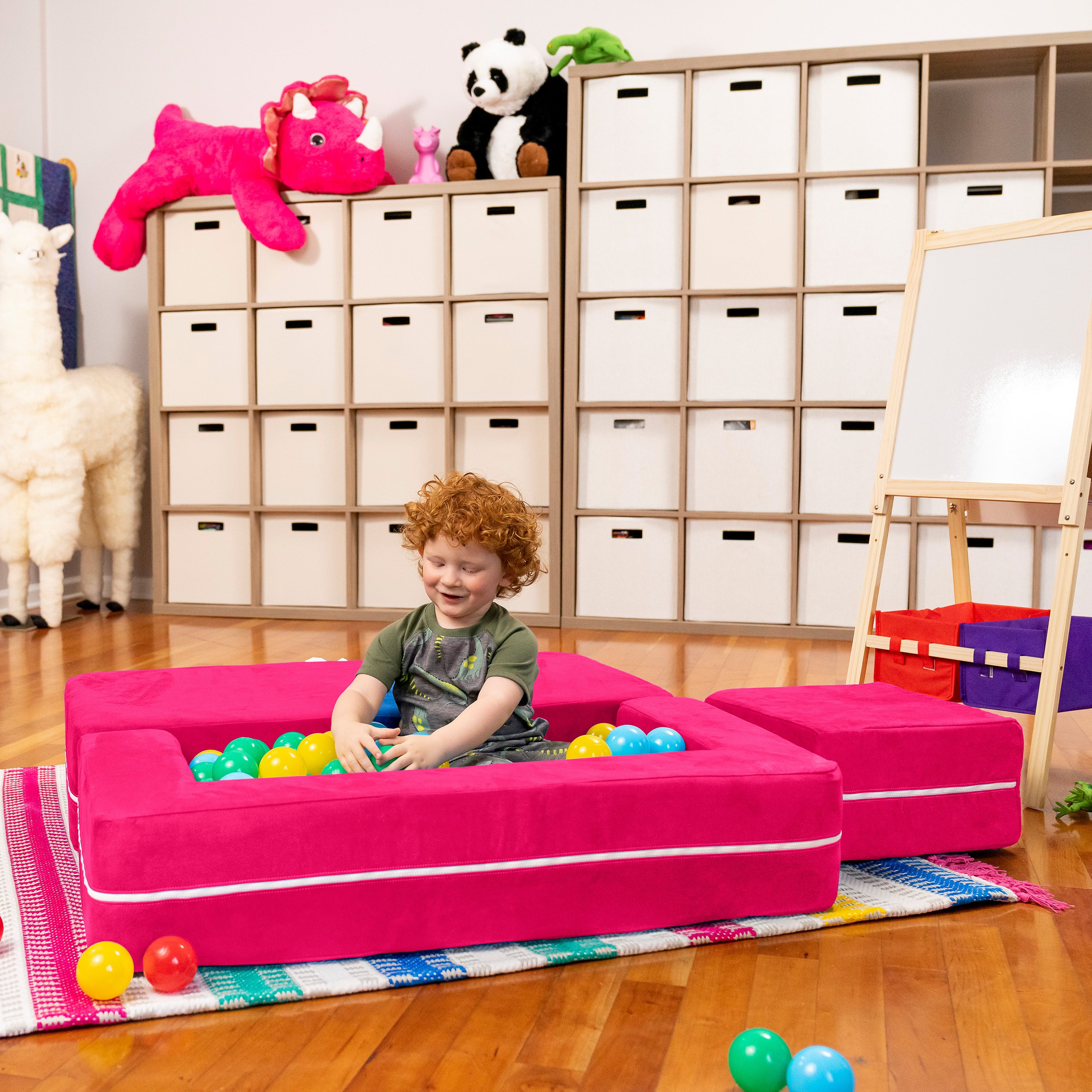 Jaxx Zipline Kids Modular Loveseat & Ottomans, Fold Out Lounger, Fuchsia