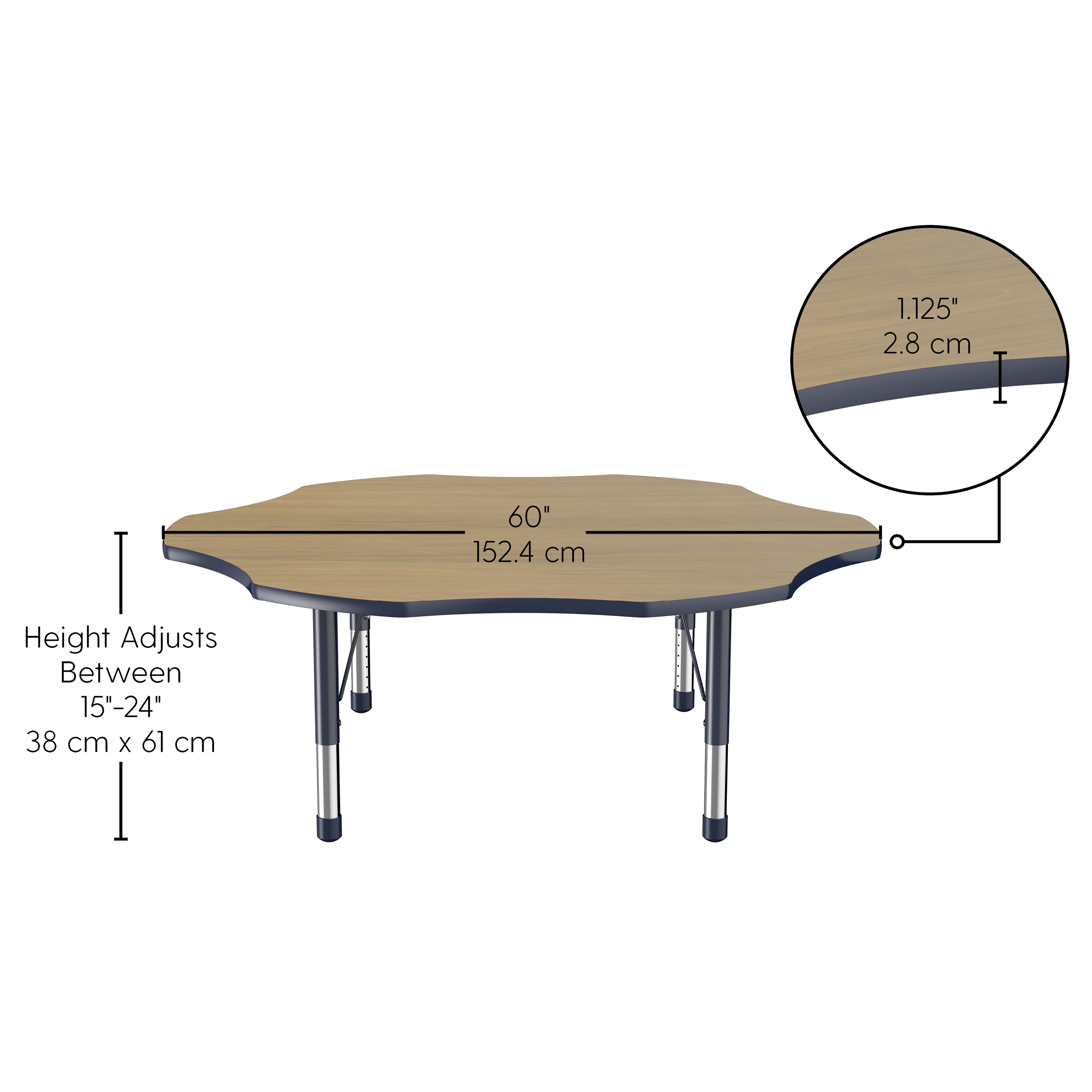60" x 60" Flower T-Molding Activity Table with Adjustable Chunky Legs - Pasadena Oak/Navy