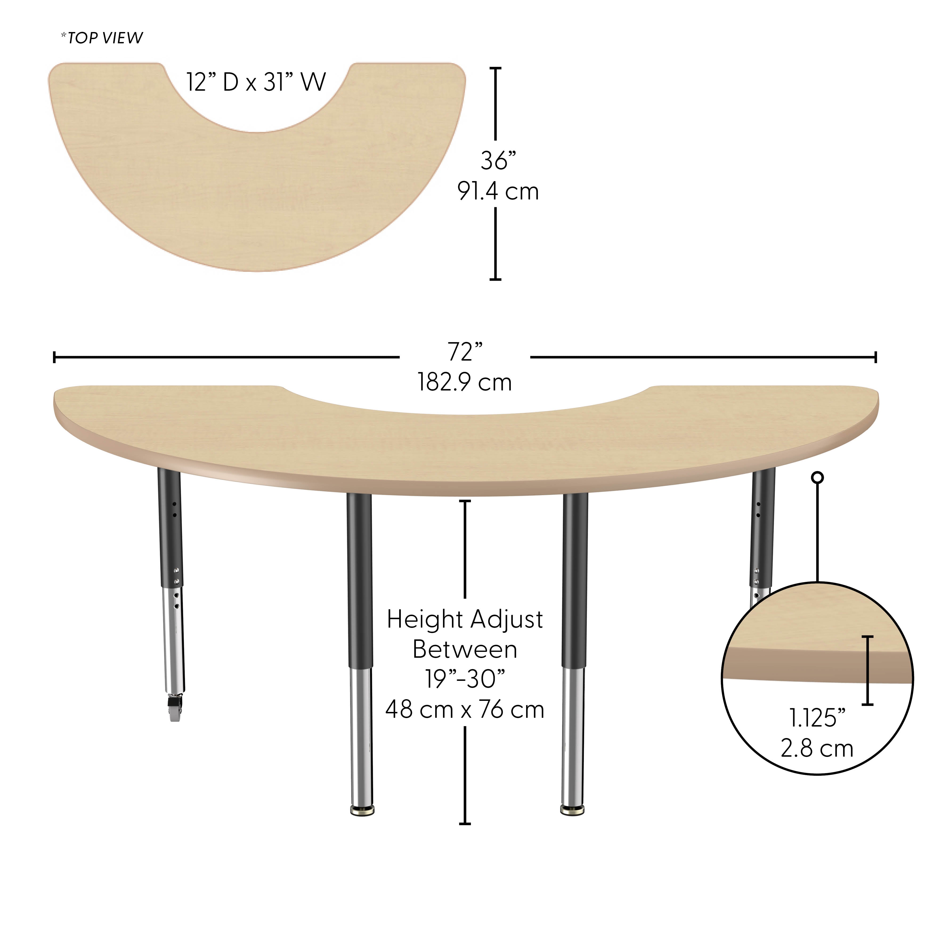 36" x 72" Half Moon Thermofused Activity Table with Adjustable Super Legs - Maple/Maple/Black