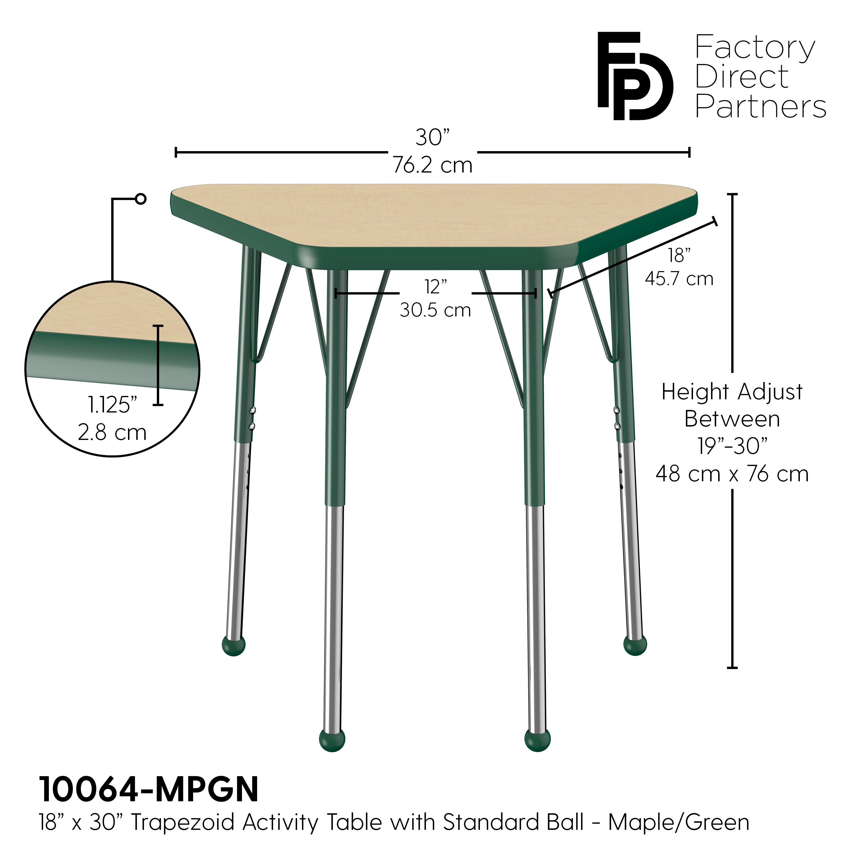 18" x 30" Trapezoid T-Molding Activity Table with Adjustable Standard Ball Glide Legs - Maple/Green