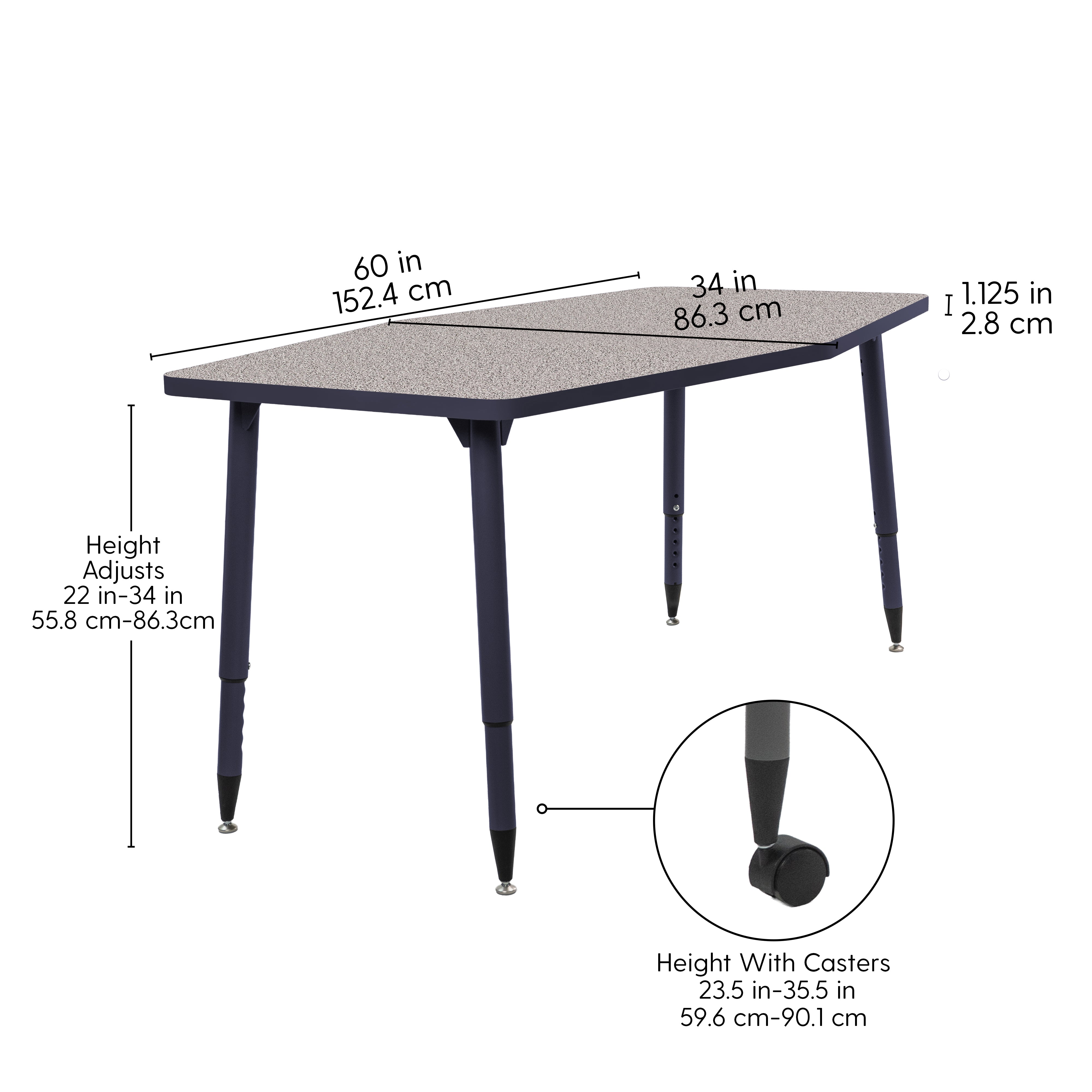 Adapte 34" x 60" Long Hexagon Thermofused Activity Table with Adjustable Tapered Legs - Gray/Navy