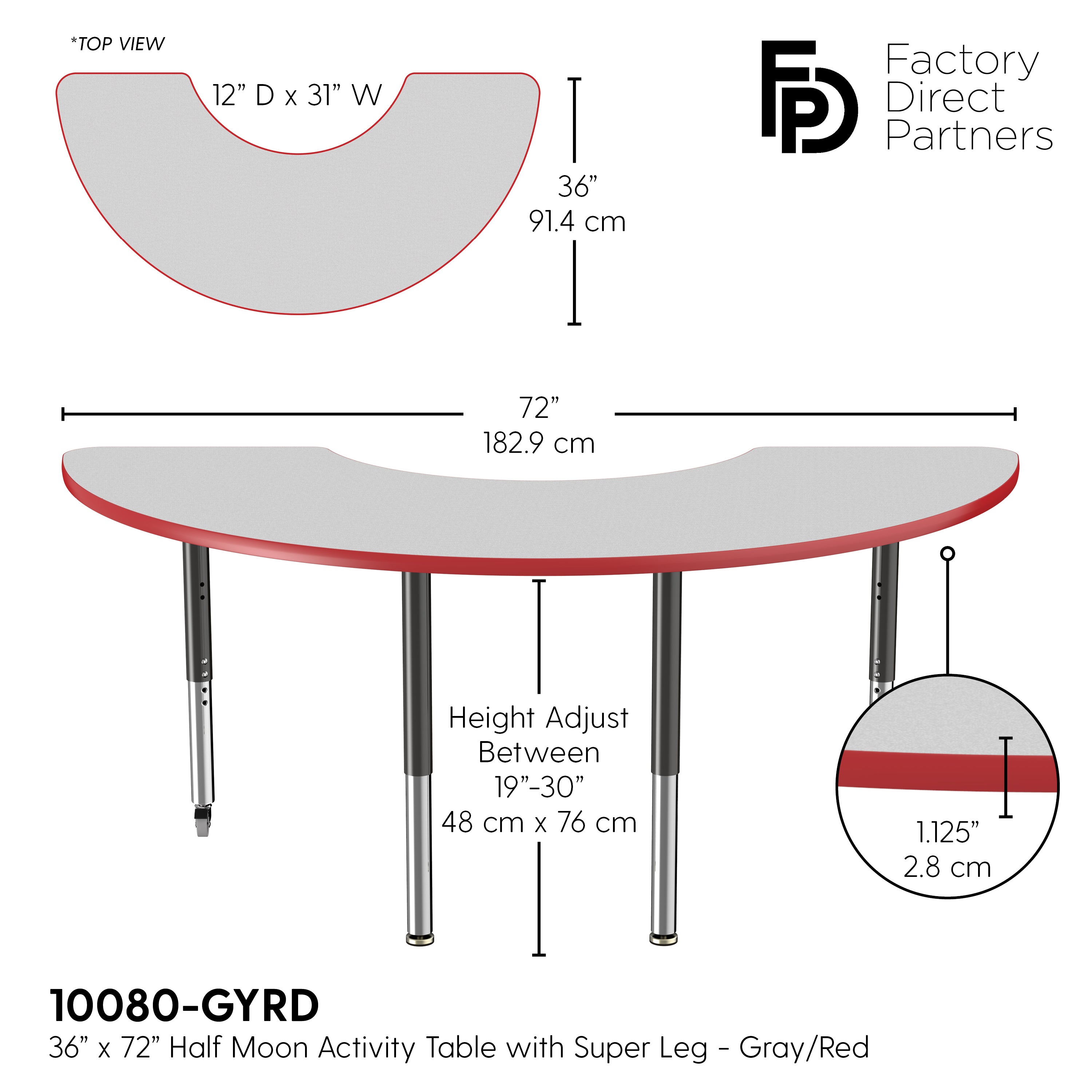 36" x 72" Half Moon T-Molding Activity Table with Adjustable Super Legs - Gray/Red/Black