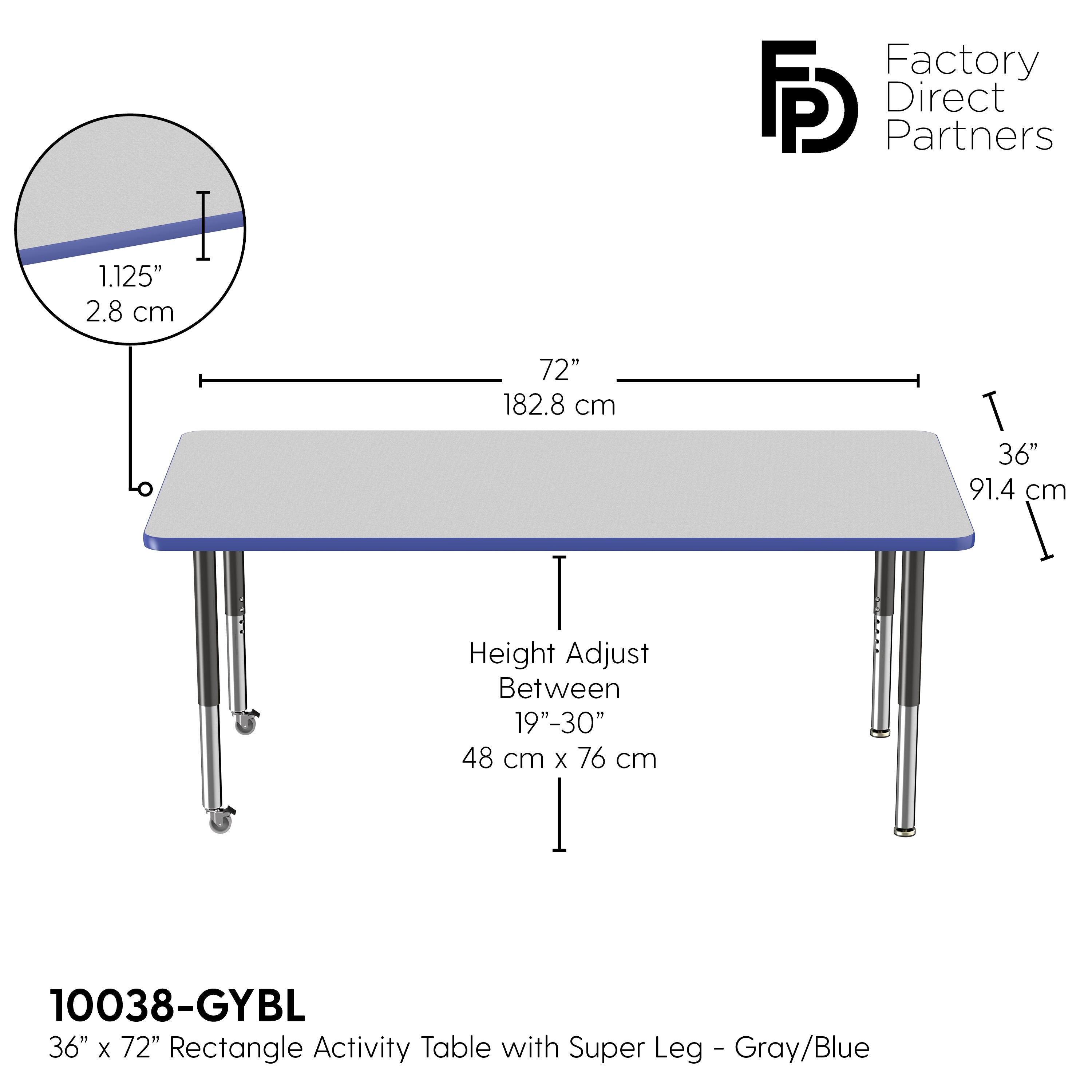 36" x 72" Rectangle T-Molding Activity Table with Adjustable Super Legs - Gray/Blue/Black