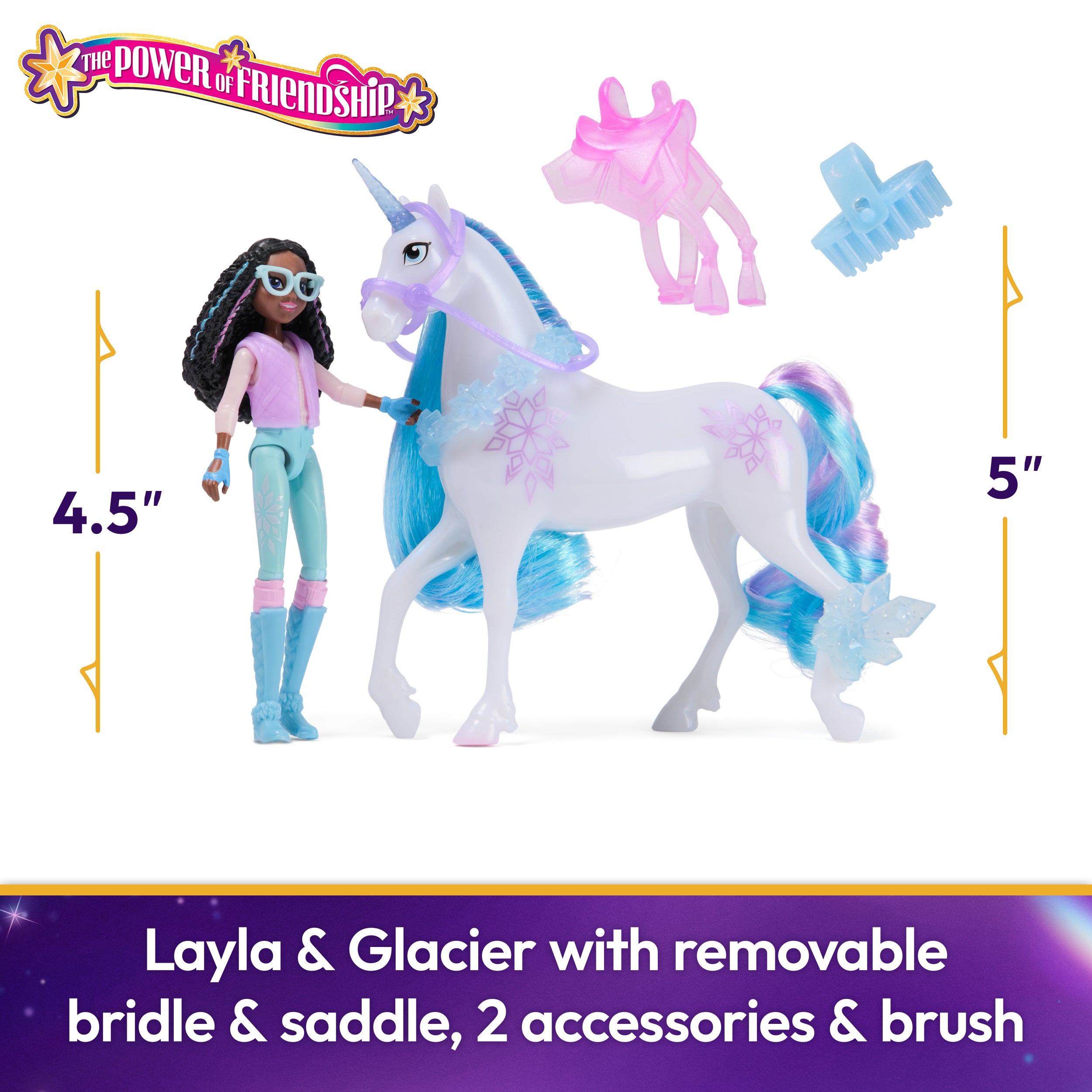Unicorn Academy, Layla & Glacier Power of Friendship Set with Translucent Saddle & 2 Power Accessories, Dolls & Unicorn Toys for Girls Ages 4 and up