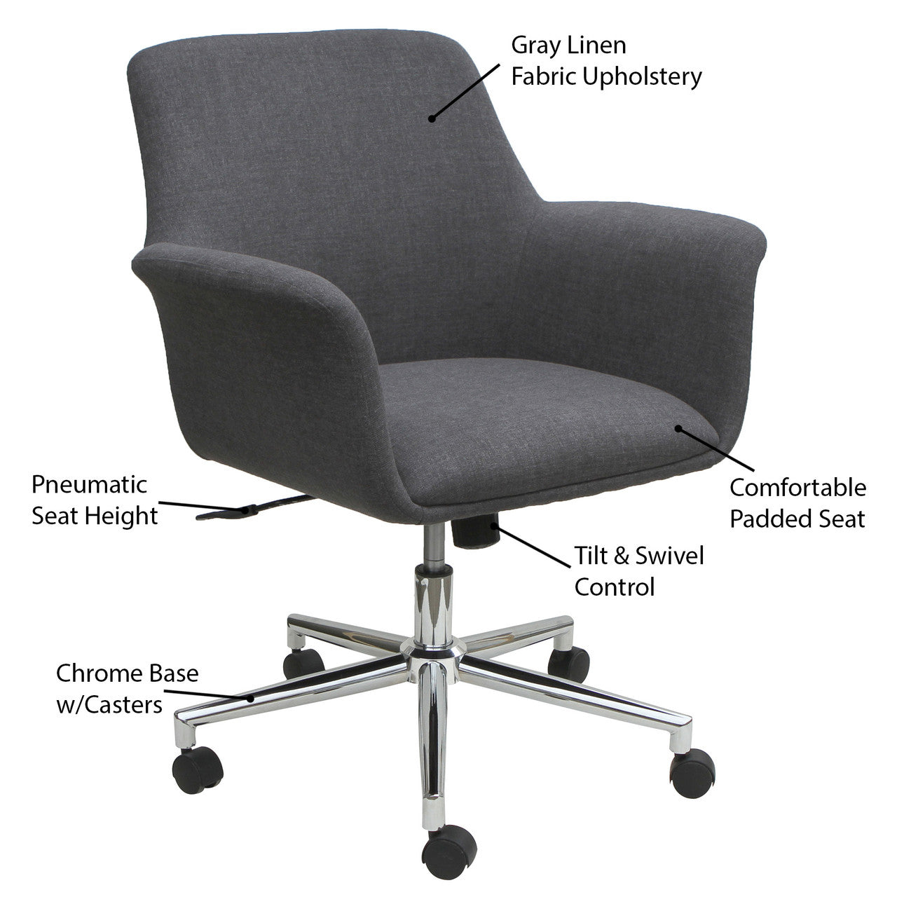OfficeSource Bolster Mid Back Swivel Chair with 5 Star Chrome Base - Gray Linen