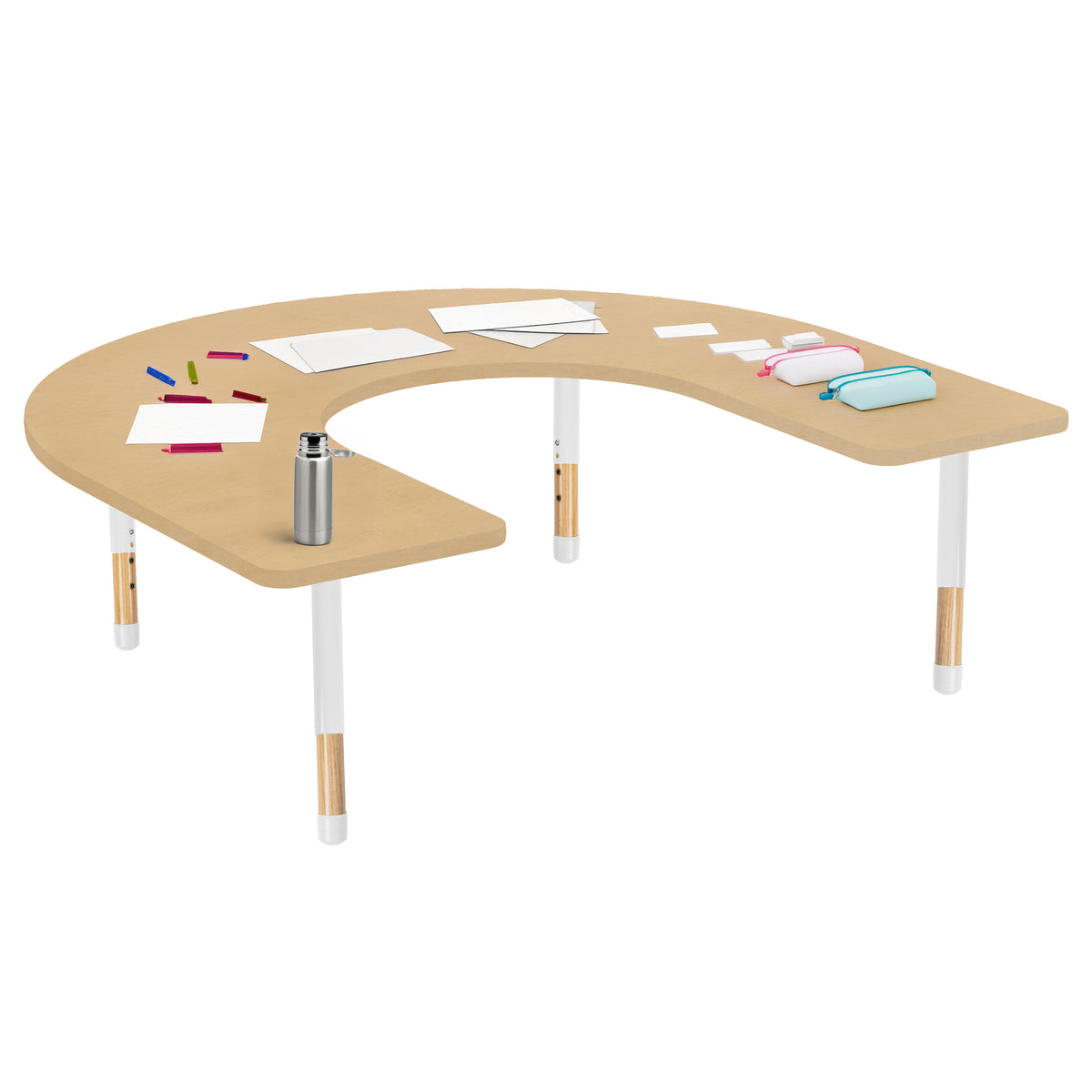 60" x 66" Horseshoe Thermofused Activity Table with Adjustable Chunky Wood Legs - Maple Grain/White/Natural