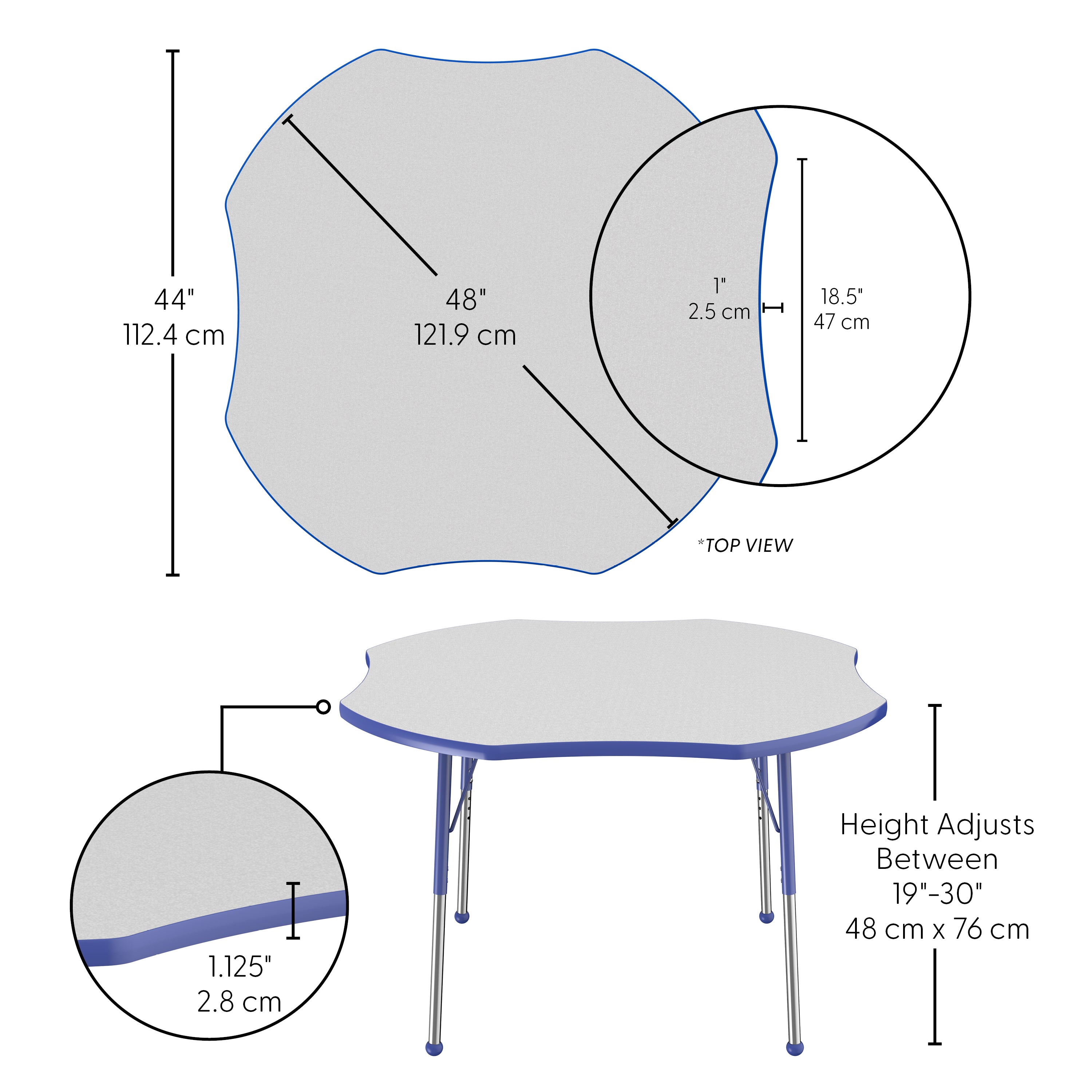 48" x 48" Clover T-Molding Activity Table with Adjustable Standard Ball Glide Legs - Gray/Blue