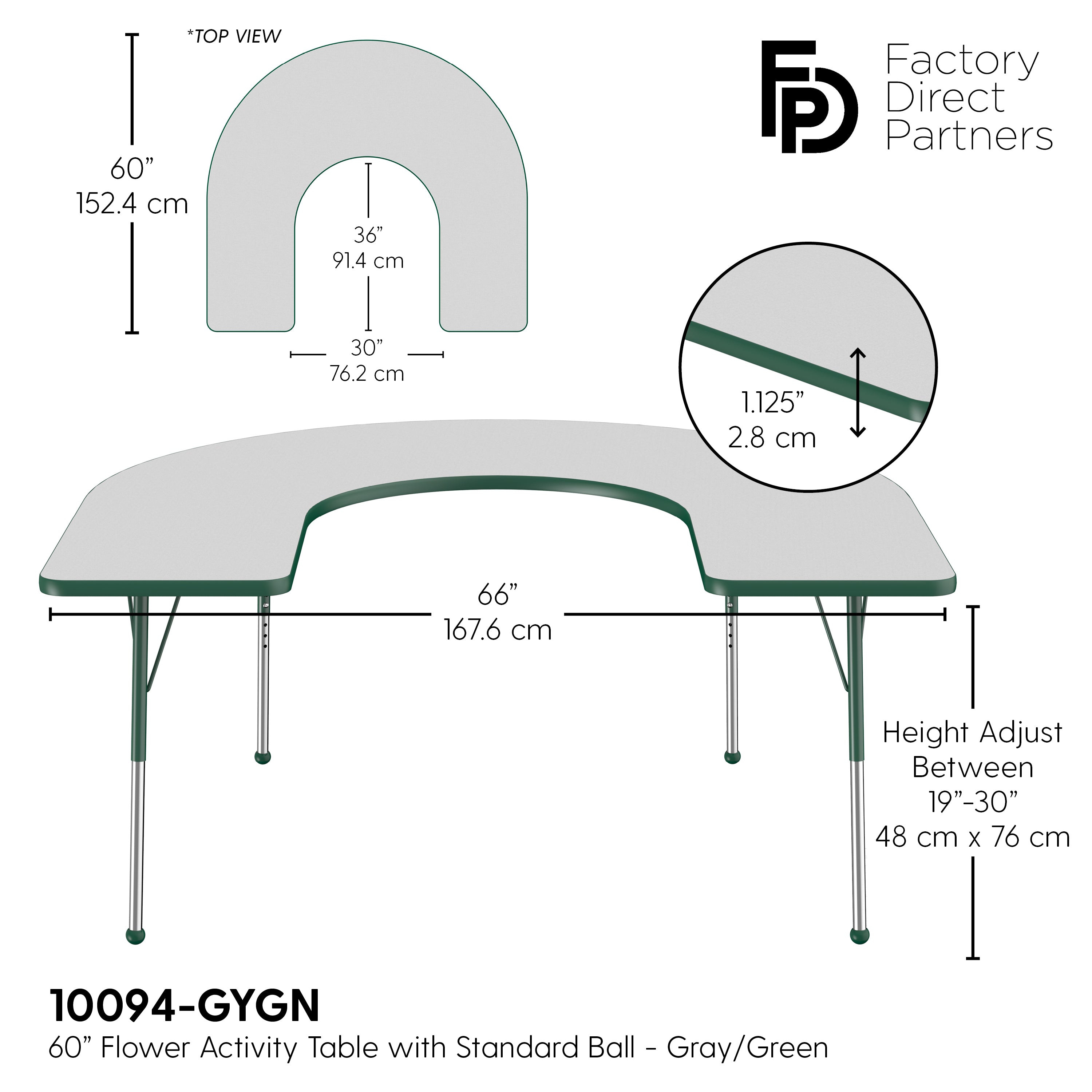 60" x 66" Horseshoe T-Molding Activity Table with Adjustable Standard Ball Glide Legs - Gray/Green