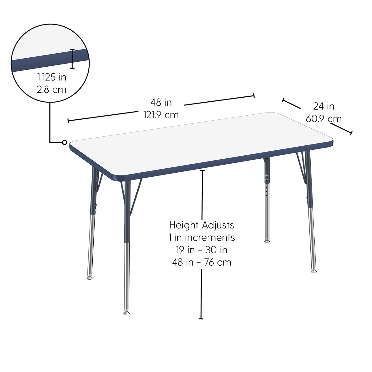 24" x 48" Rectangle Dry-Erase Activity Table with Adjustable Standard Swivel Glide Legs - Whiteboard/Navy