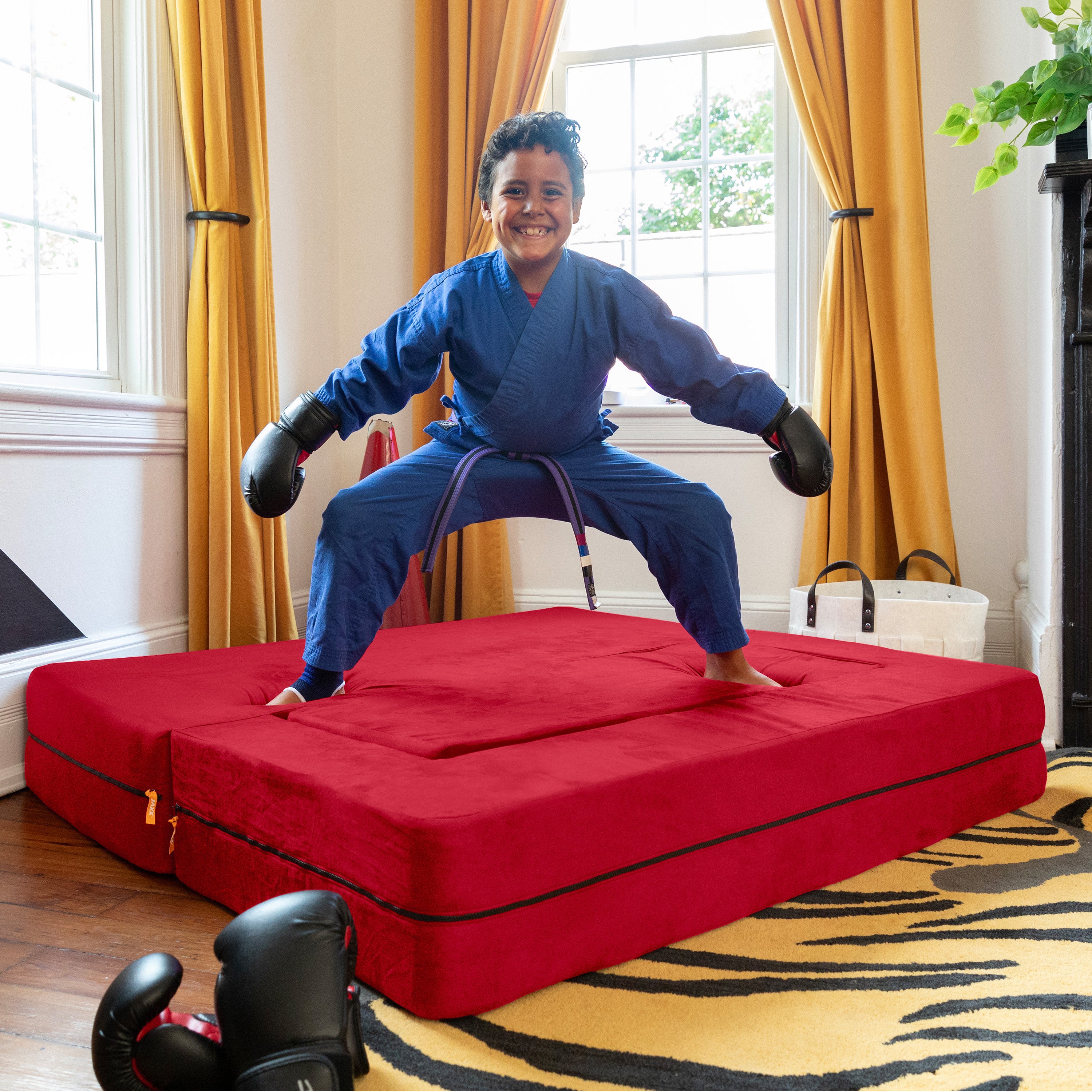 Jaxx Zipline Kids Sofa & Large Ottoman, 3 in 1 Fold Out Sofa, Big Kids Edition, Cherry