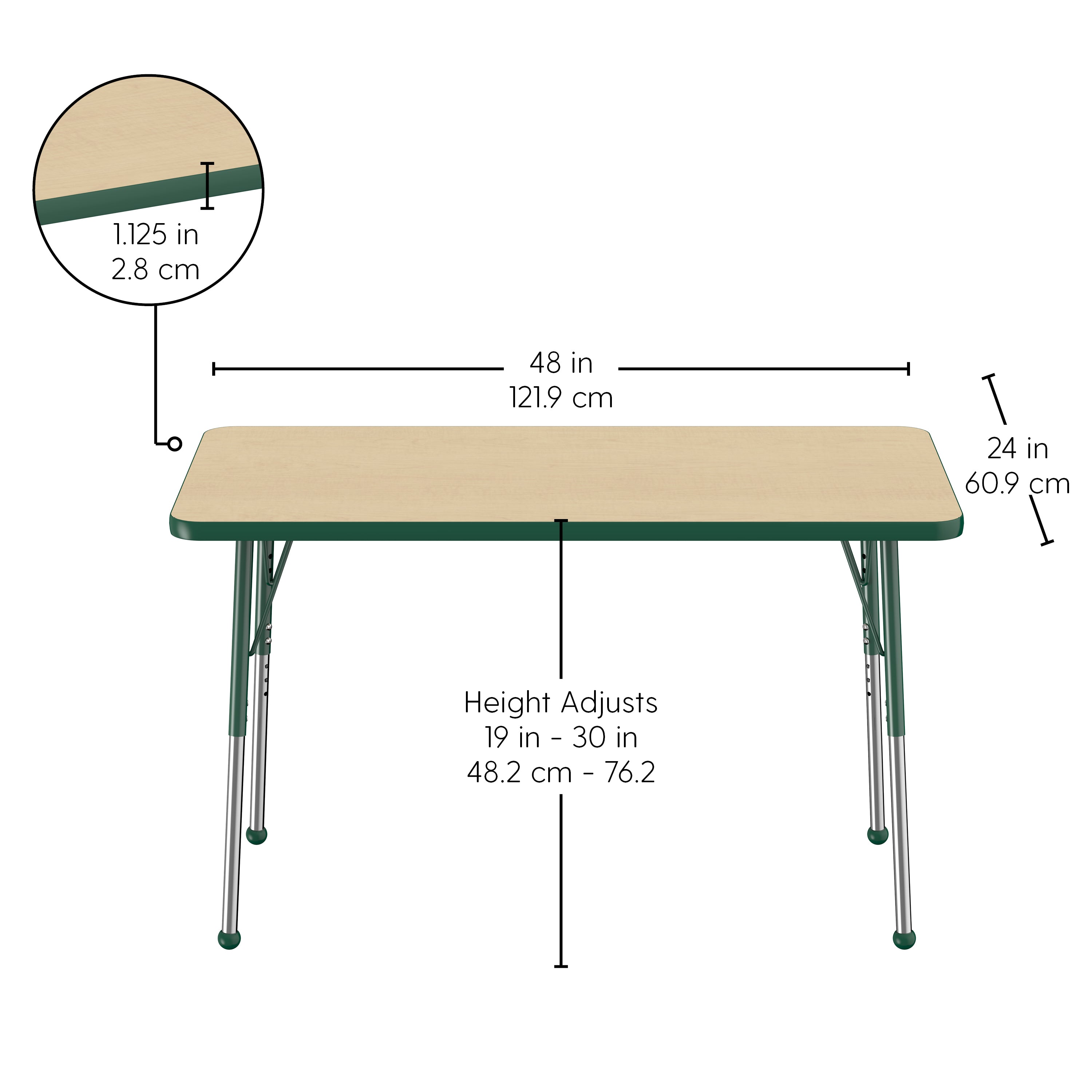 24" x 48" Rectangle T-Molding Activity Table with Adjustable Standard Ball Glide Legs - Maple/Green