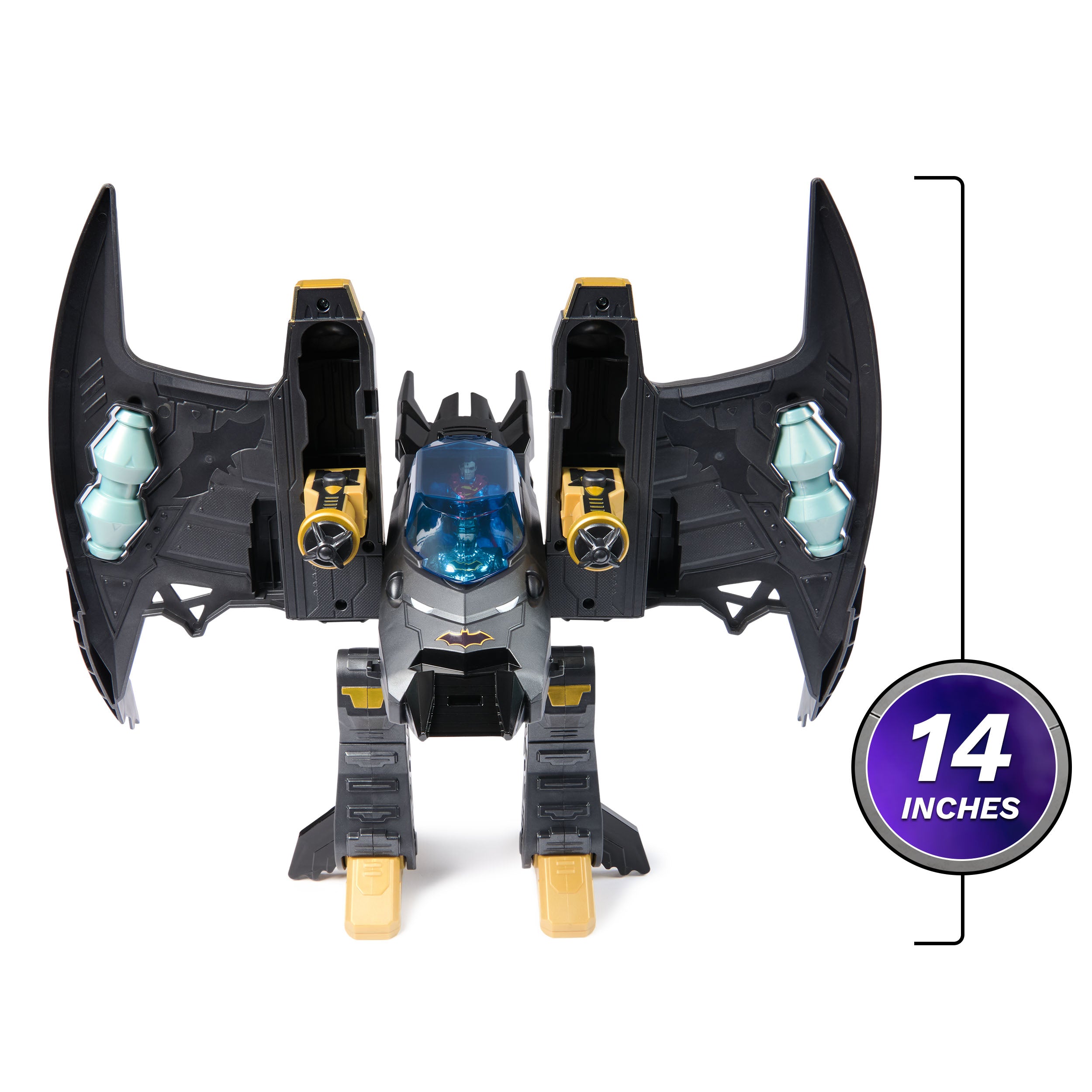DC Comics, Metal Force Transforming Batwing, 2-in-1 Playset, Includes Batman and Superman Figures, with Projectiles and Character Cards, Kids Toy for Boys Ages 4 and Up