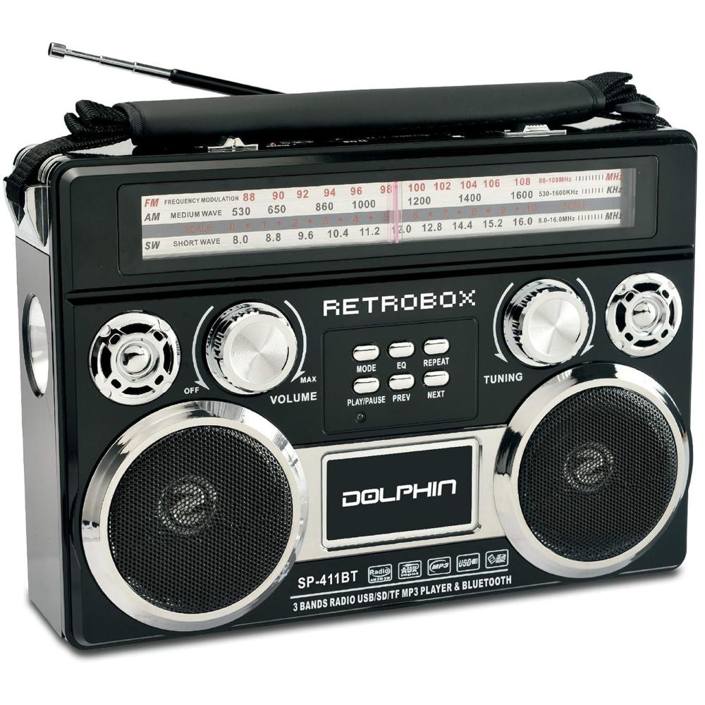 Dolphin Audio Dolphin RETROBOX Portable Bluetooth Speaker with Radio, AC/DC Power, Rechargeable Battery, USB/SD/FM/AM/SW/AUX, and High Sensitivity Antenna with Leather Handle and Shoulder Strap (SP-411BT) - Black