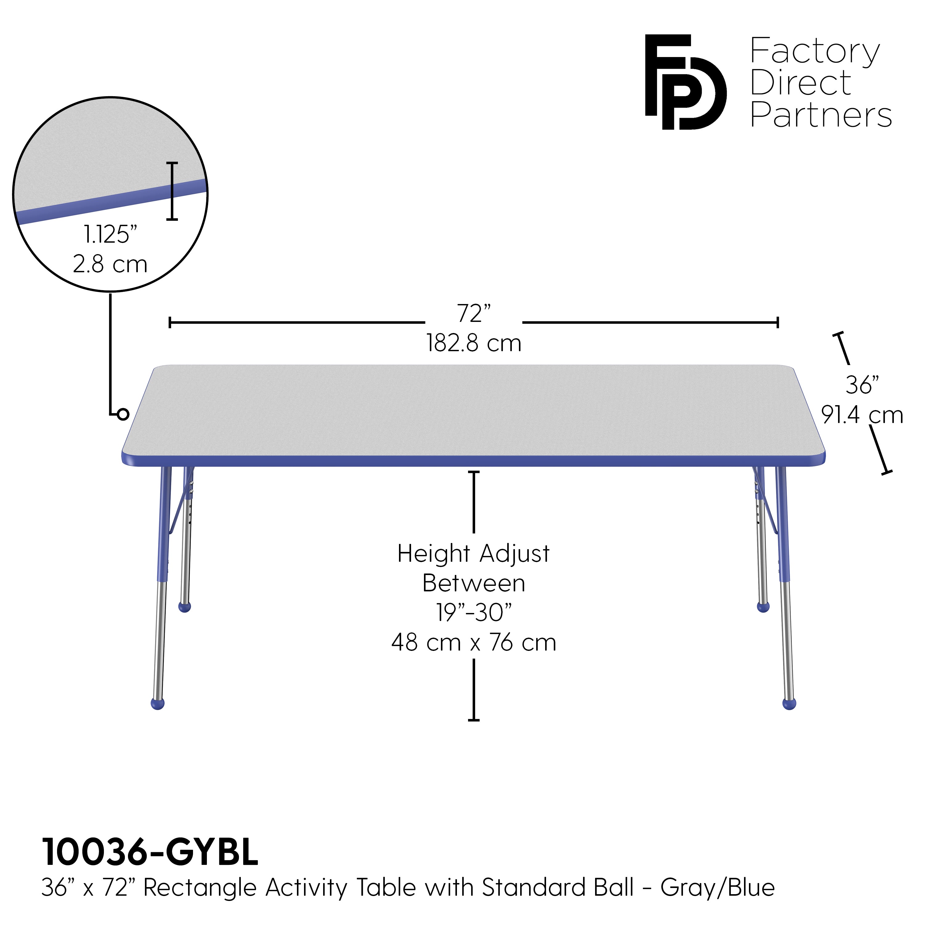 36" x 72" Rectangle T-Molding Activity Table with Adjustable Standard Ball Glide Legs - Gray/Blue