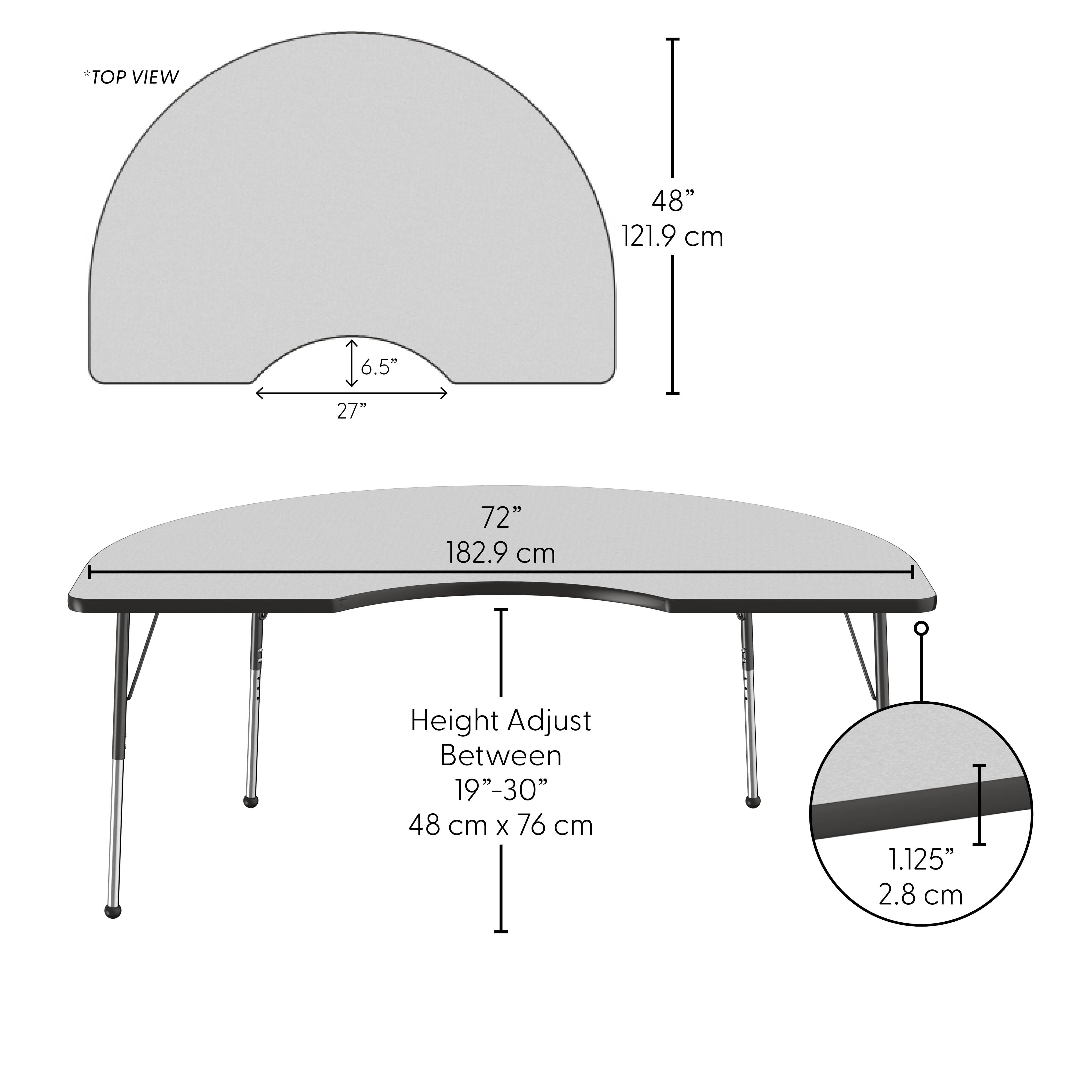 48" x 72" Kidney Thermofused Activity Table with Adjustable Standard Ball Glide Legs - Gray/Black