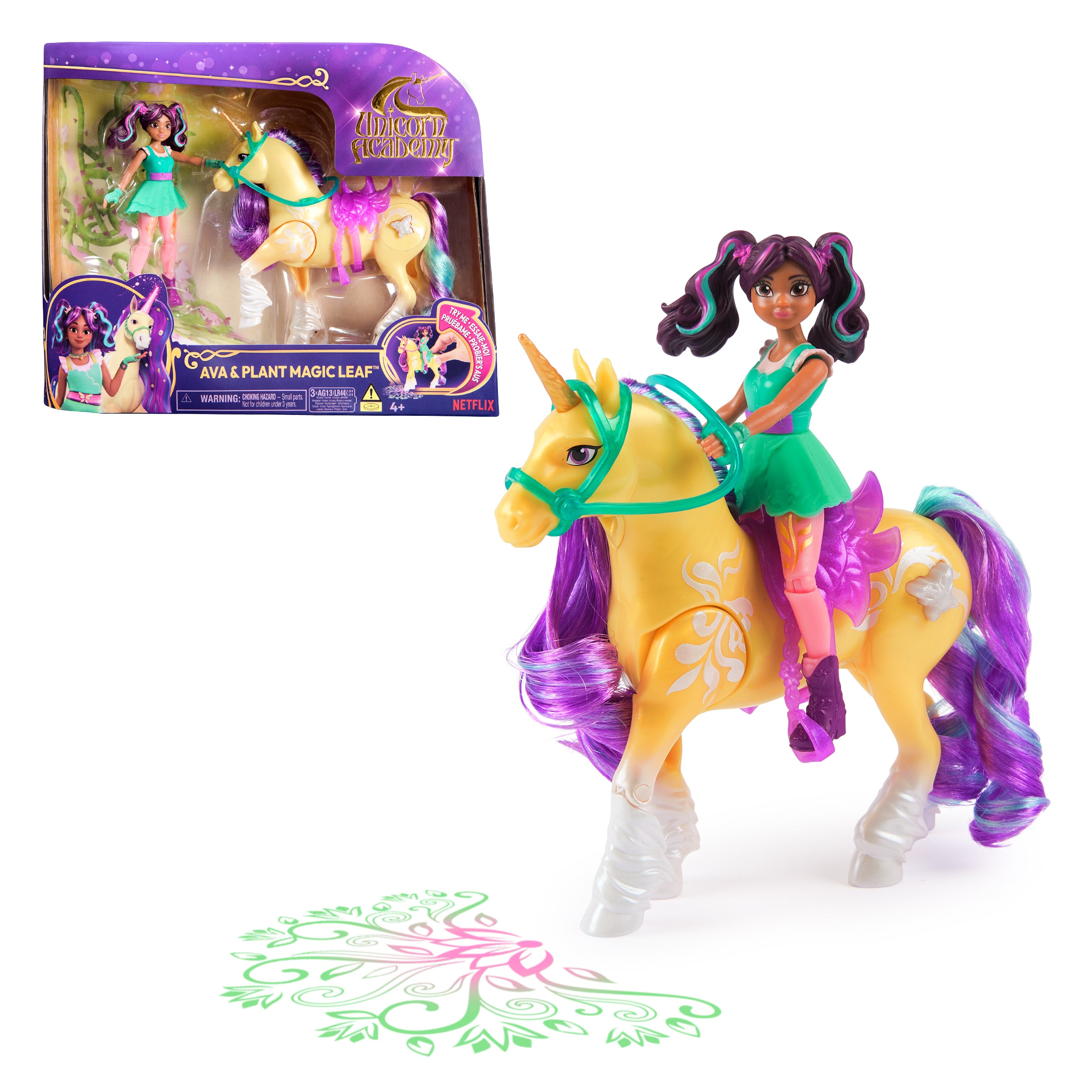 Unicorn Academy, Ava & Plant Magic Leaf with Light-up Effect, 2 Riding Accessories, Dolls & Unicorn Toys for Girls Ages 4 and up