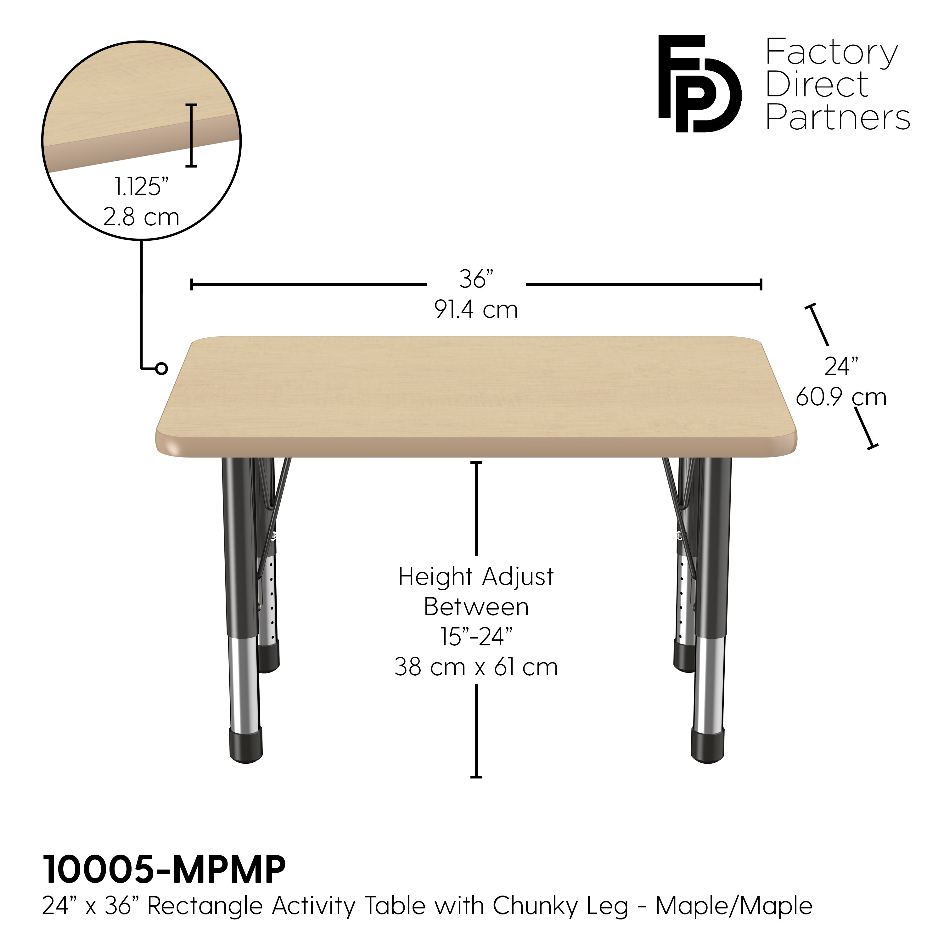 24" x 36" Rectangle T-Molding Activity Table with Adjustable Chunky Legs - Maple/Maple/Black