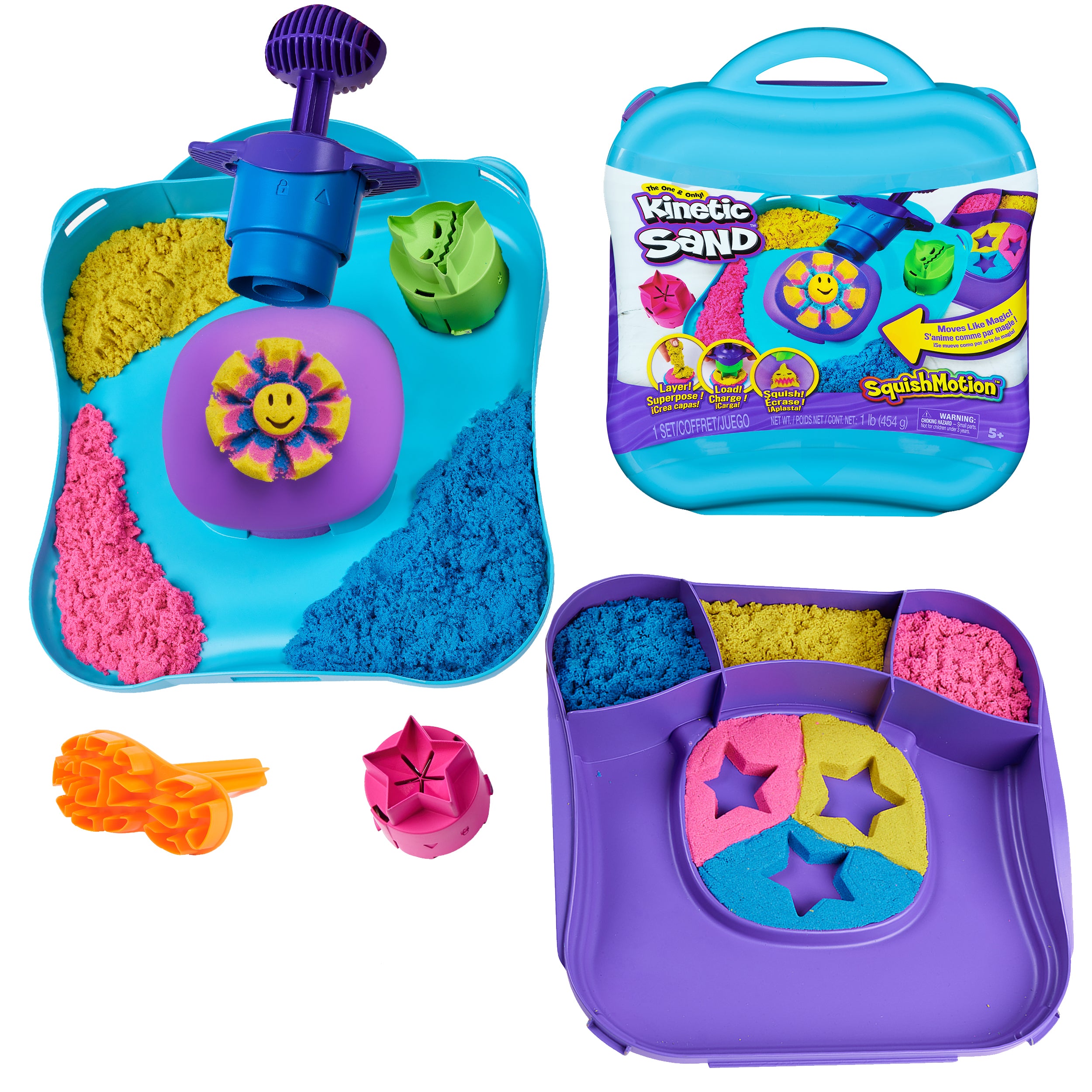Kinetic Sand, SquishMotion with 1lb Pink, Yellow & Blue Play Sand, Stamper & 5 Tools, Storage Case, Sensory Toys for Kids Ages 5 and up