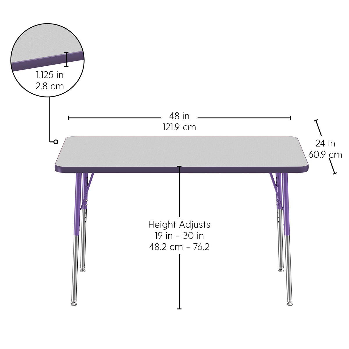 24" x 48" Rectangle T-Molding Activity Table with Adjustable Standard Swivel Glide Legs - Gray/Purple