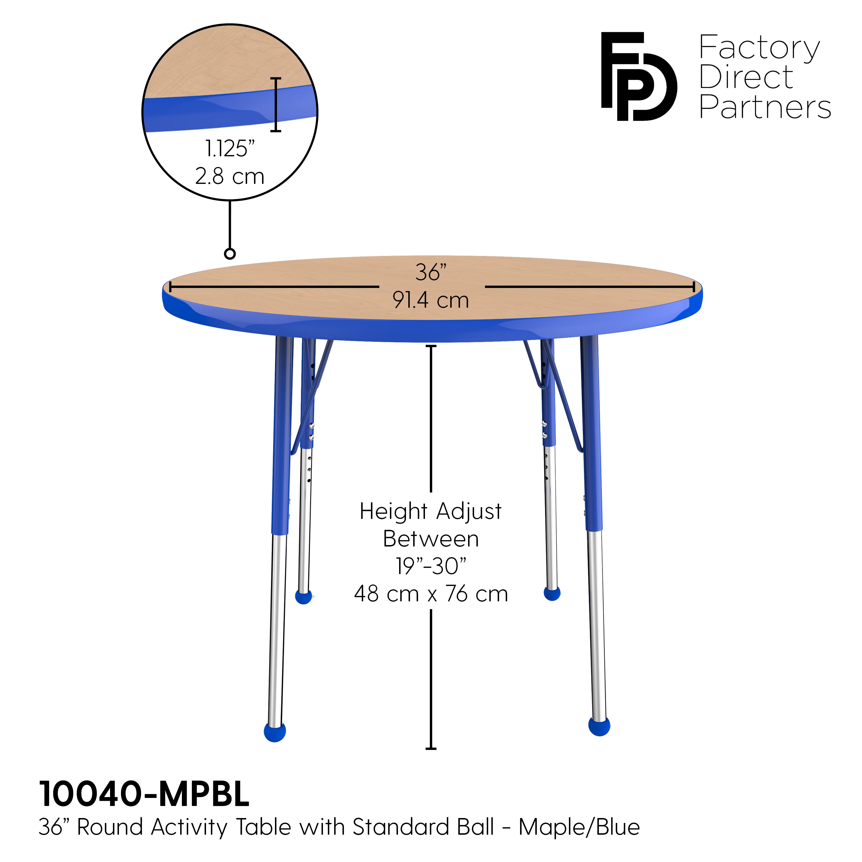 36" Round T-Molding Activity Table with Adjustable Standard Ball Glide Legs - Maple/Blue