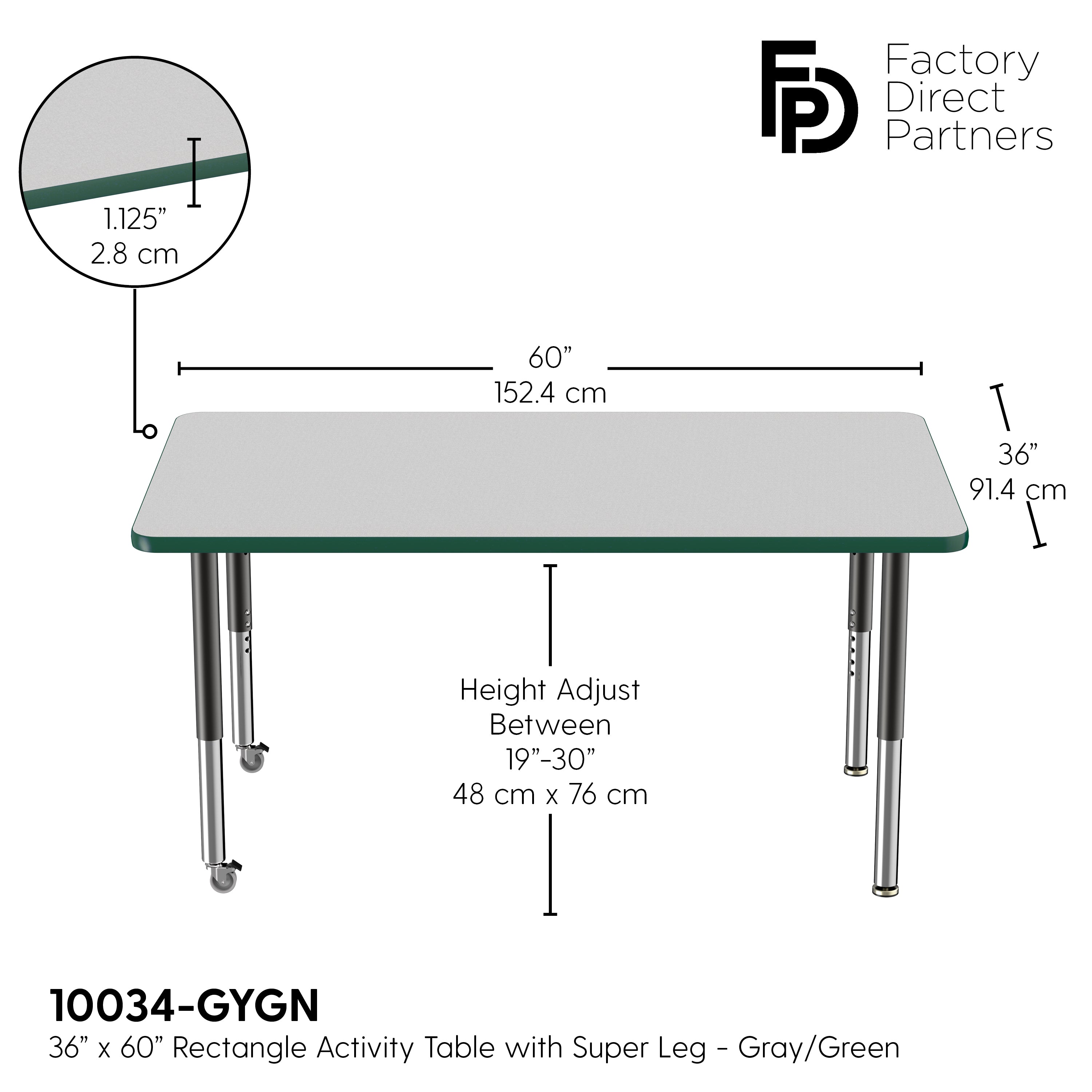 36" x 60" Rectangle T-Molding Activity Table with Adjustable Super Legs - Gray/Green/Black