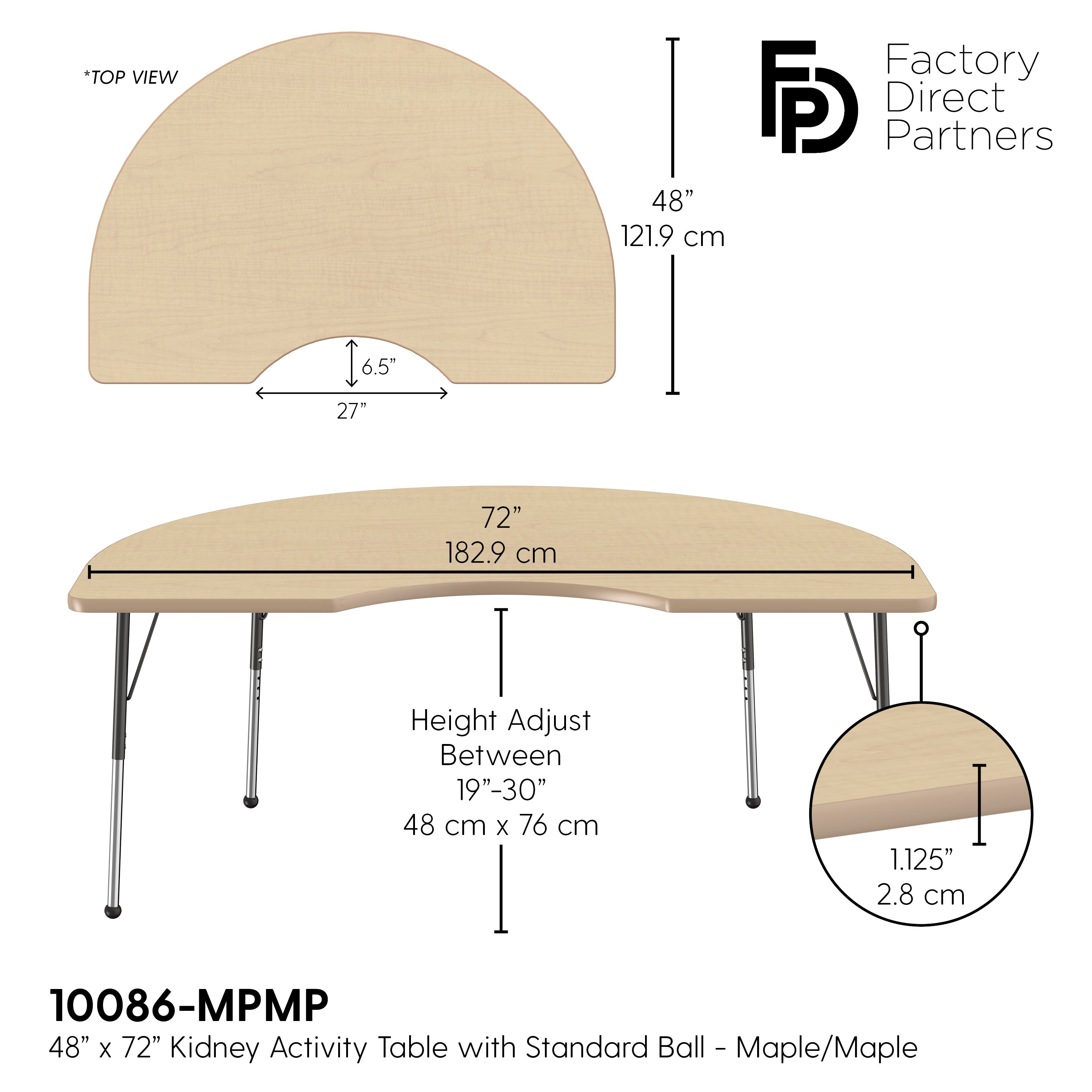 48" x 72" Kidney T-Molding Activity Table with Adjustable Standard Ball Glide Legs - Maple/Maple/Black