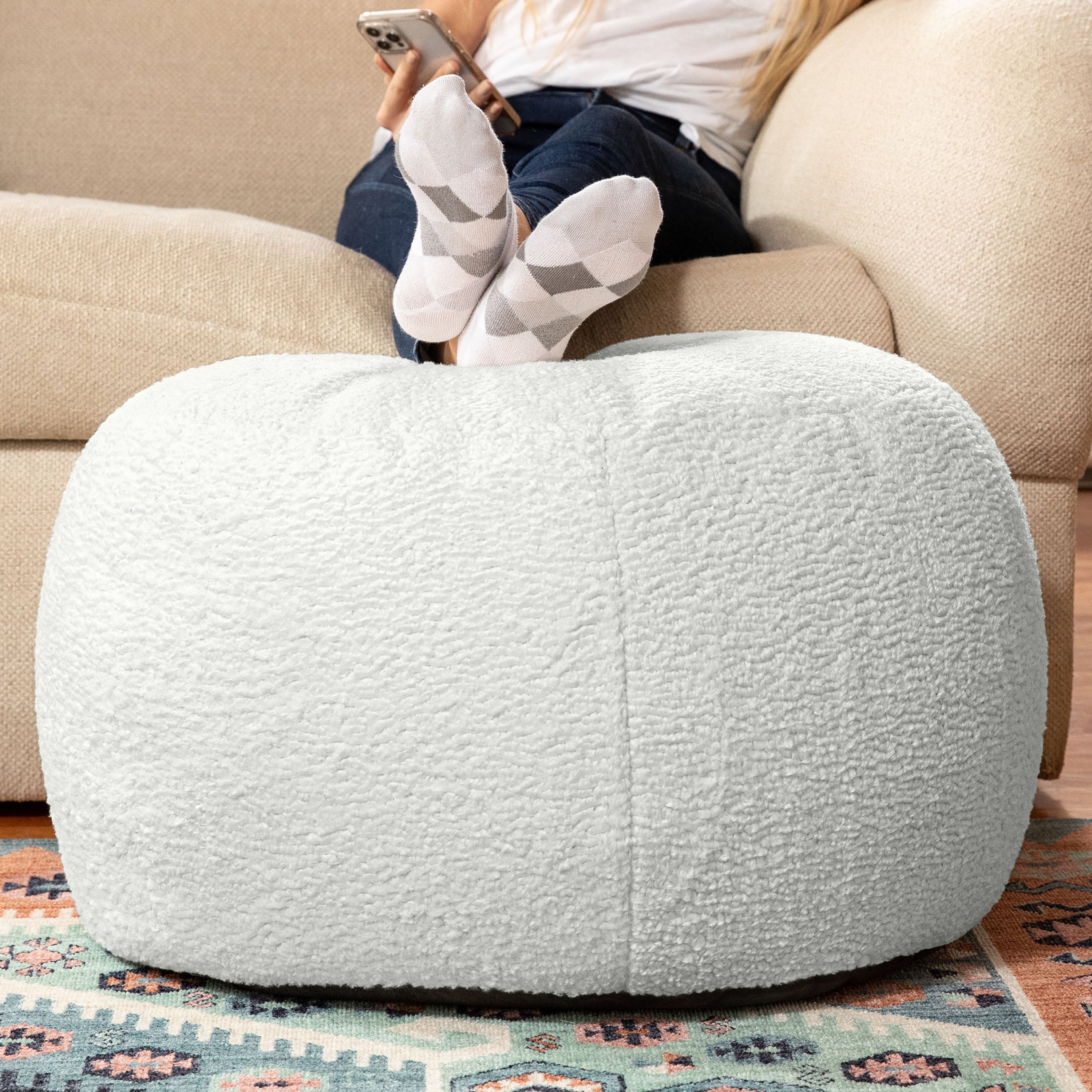 Jaxx Ellis Ottoman Shearling Faux-Lamb Plush Pouf for Modern Interior Design, Large, Cloud