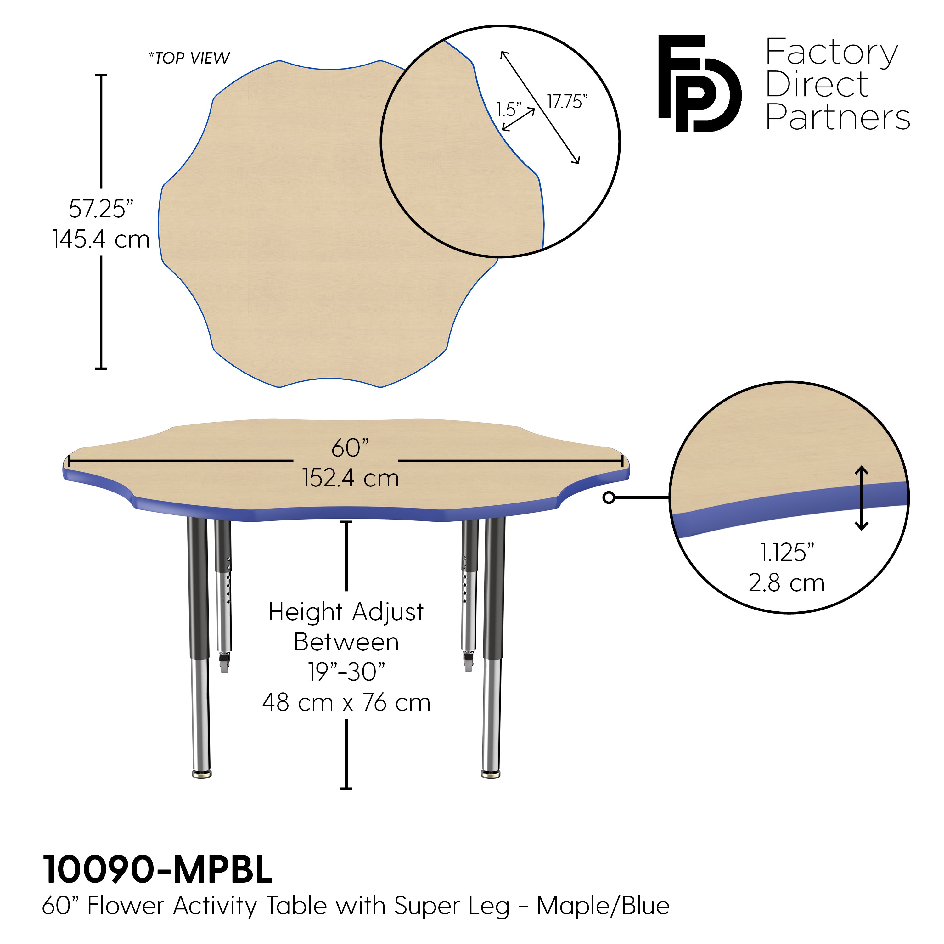 60" x 60" Flower T-Molding Activity Table with Adjustable Super Legs - Maple/Blue/Black