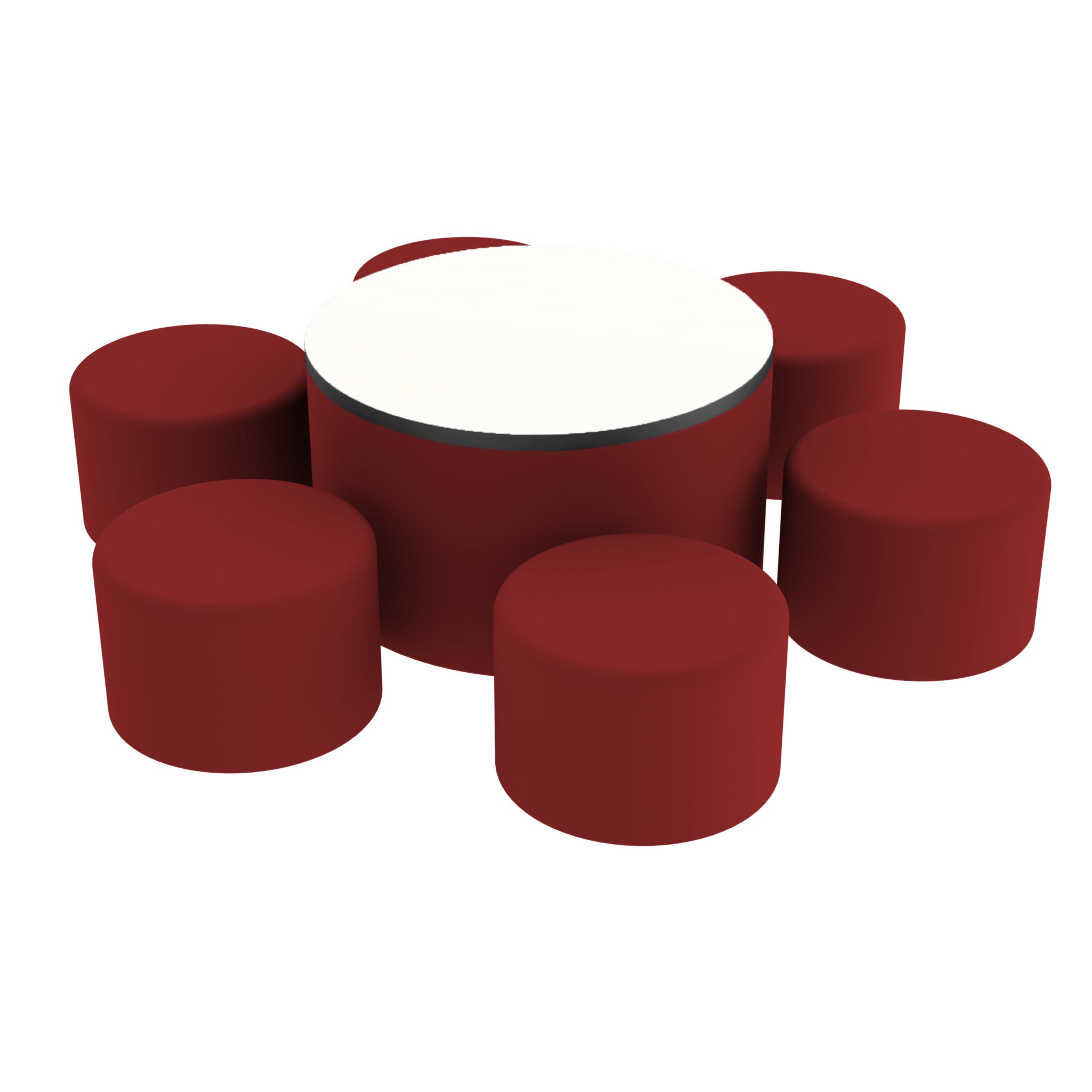 Pro Series Dry-Erase 30" Round Ottoman Table with Round 12" H Seating, 7-Piece Set - Crimson/Whiteboard