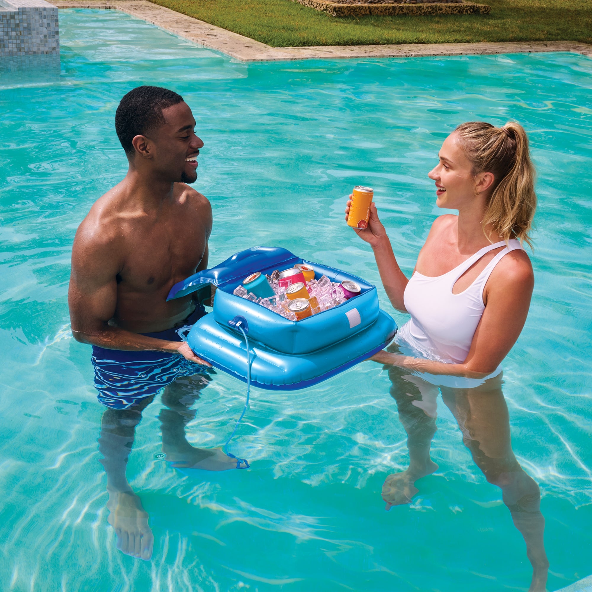Swimways Linking Floating Cooler, Inflatable Pool Accessories with 12 Can Capacity & 2' Tether, Pool Party Supplies for Adults Aged 15 & Up, Blue