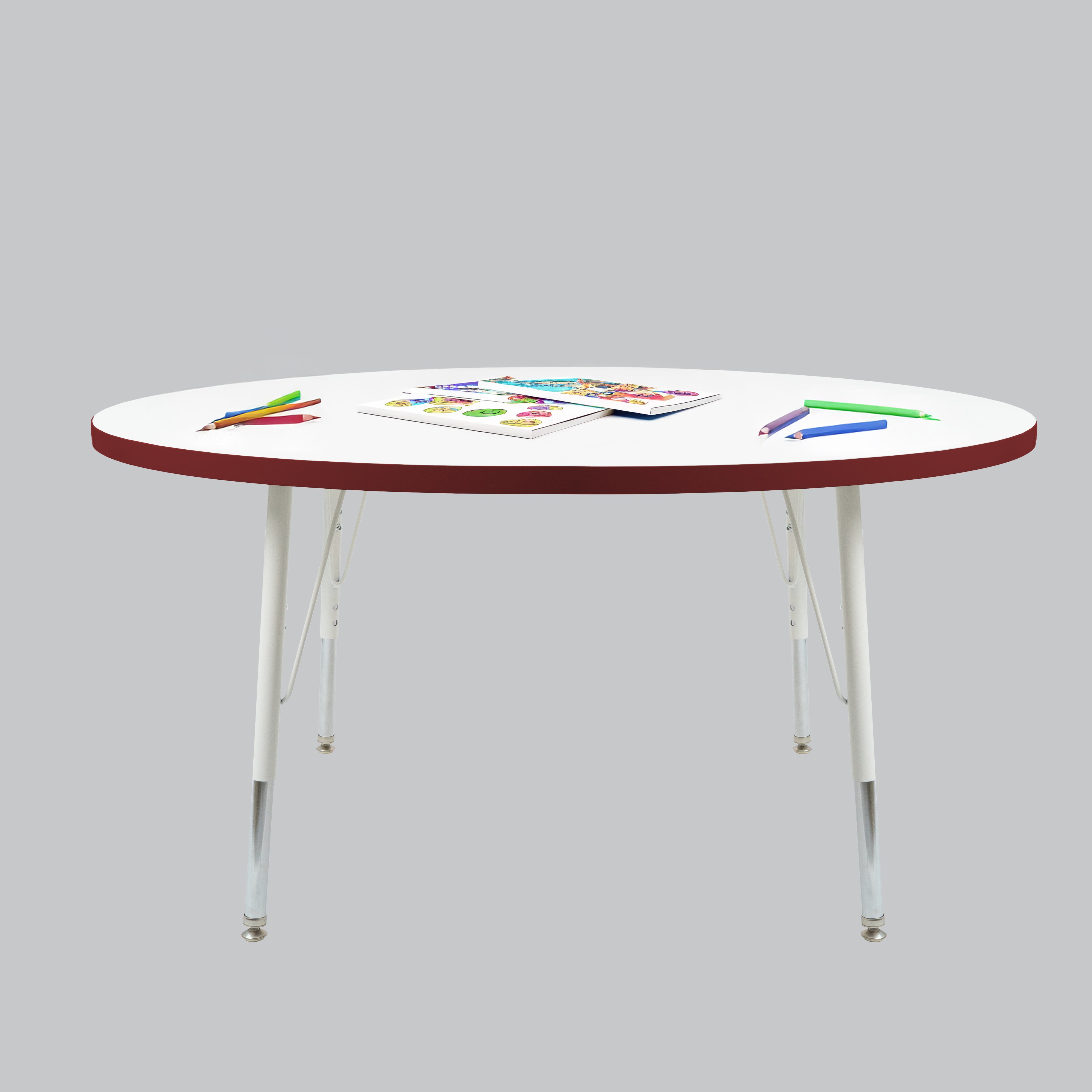 48" Round Thermofused Activity Table with Adjustable Standard Swivel Glide Legs - White/Burgundy/White