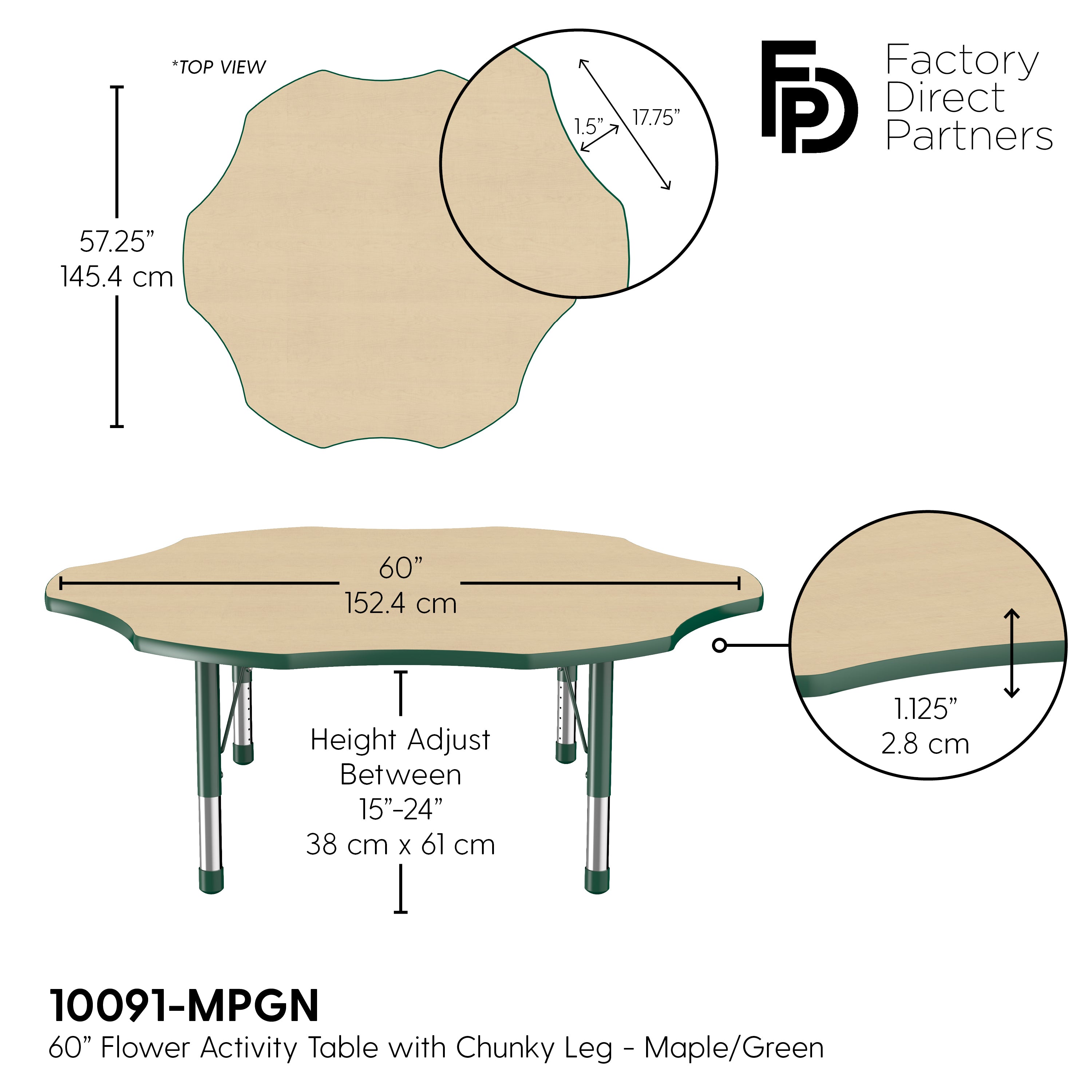 60" x 60" Flower T-Molding Activity Table with Adjustable Chunky Legs - Maple/Green