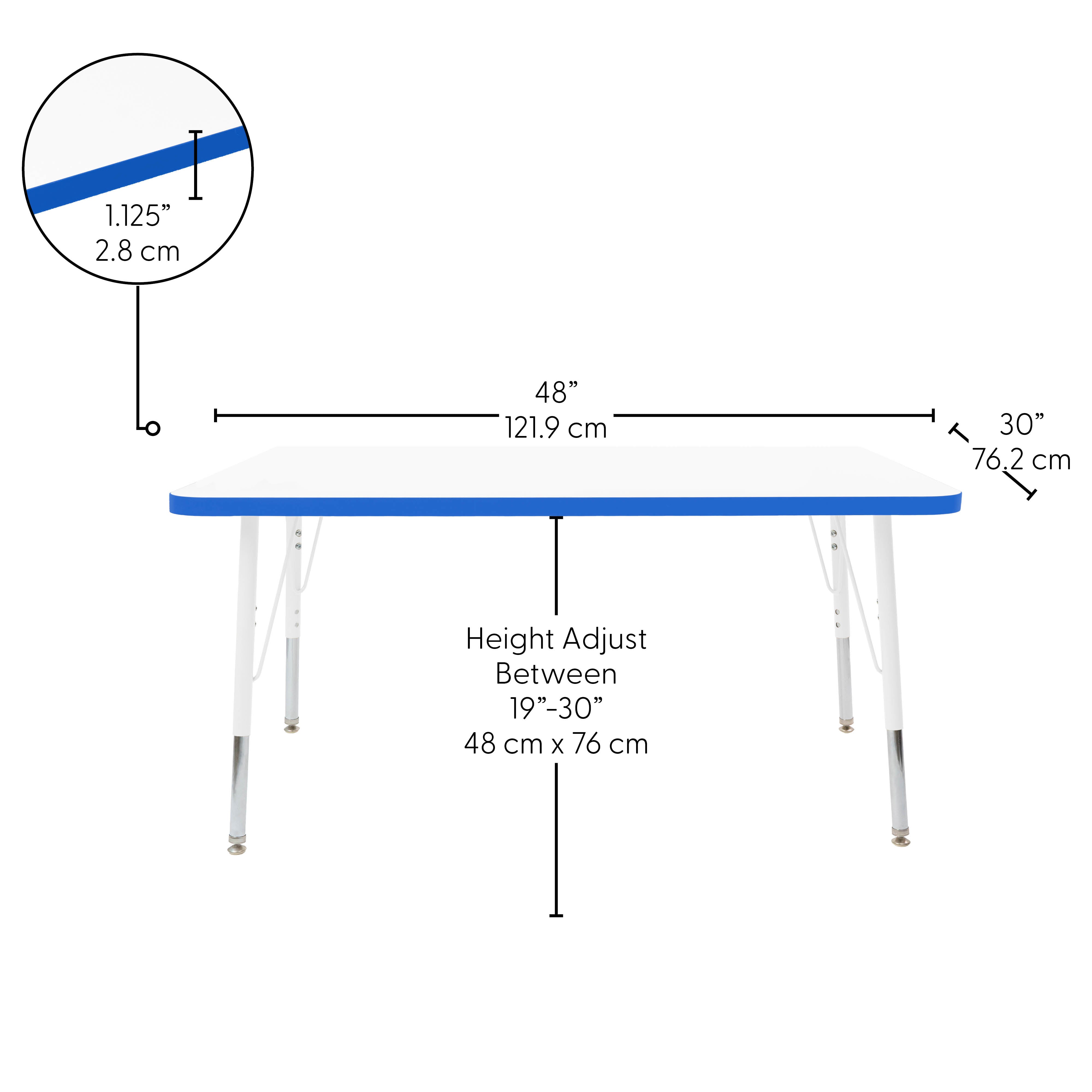 30" x 48" Rectangle Thermofused Activity Table with Adjustable Standard Swivel Glide Legs - White/Blue/White