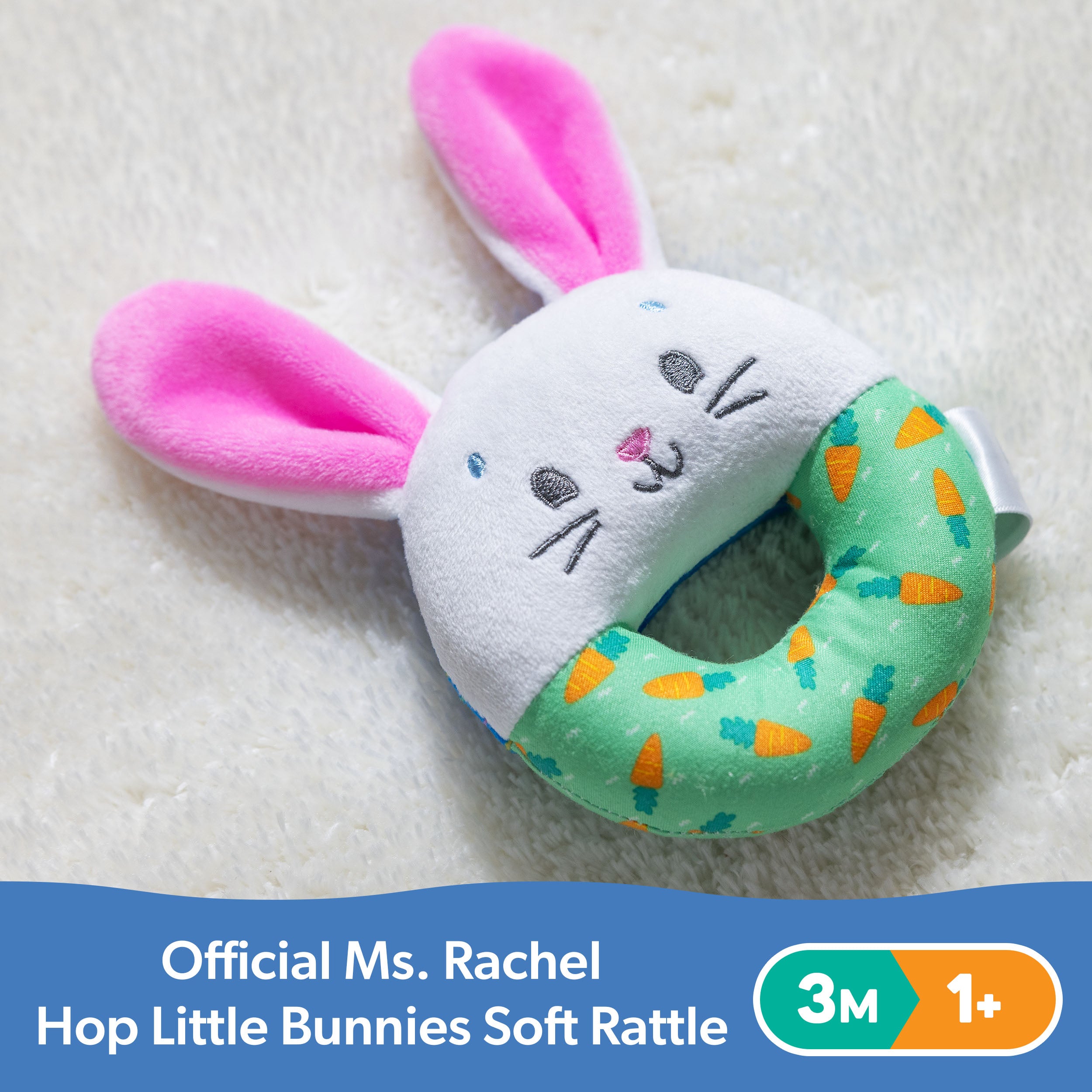 Ms. Rachel Official Hop Little Bunnies Soft Rattle Toy, Baby Teething Toys with Plush Bunny Cover, Toddler Toys for Girls & Boys for Ages 3 Months to 1+