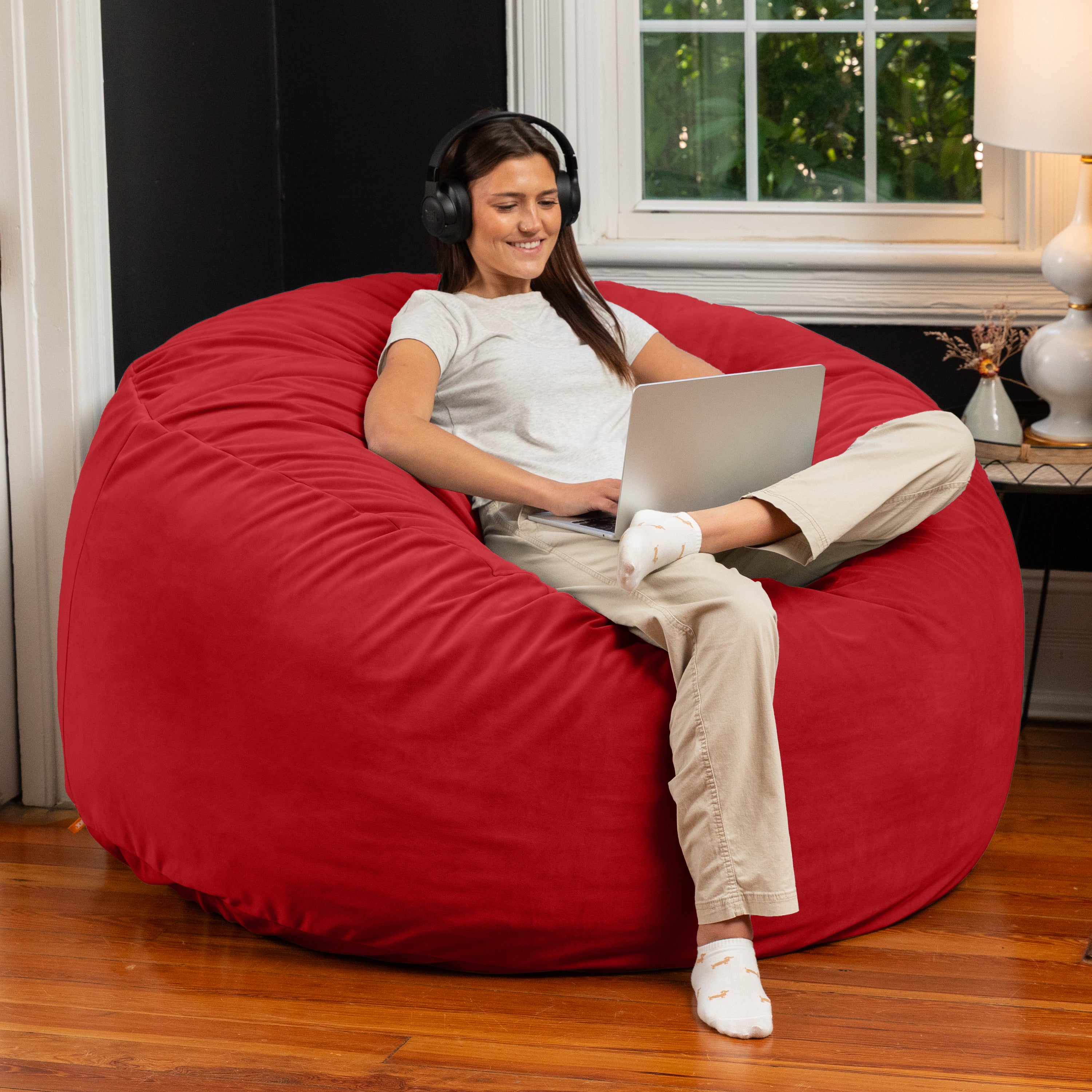 Jaxx 5 Foot Saxx - Large Round Bean Bag Chair for Adults - Lush Velvet Merlot